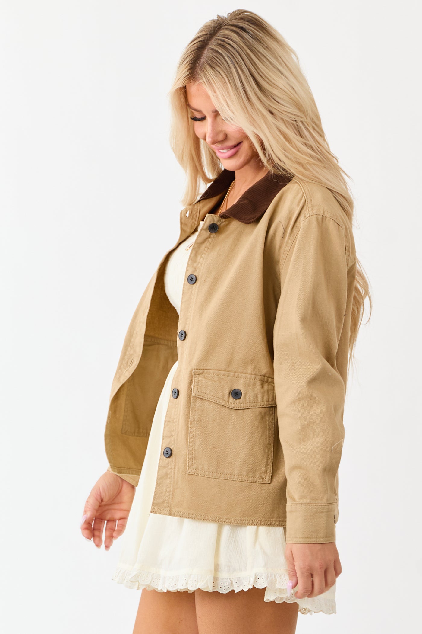 Camel Denim Contrast Corduroy Collar Button Up Jacket