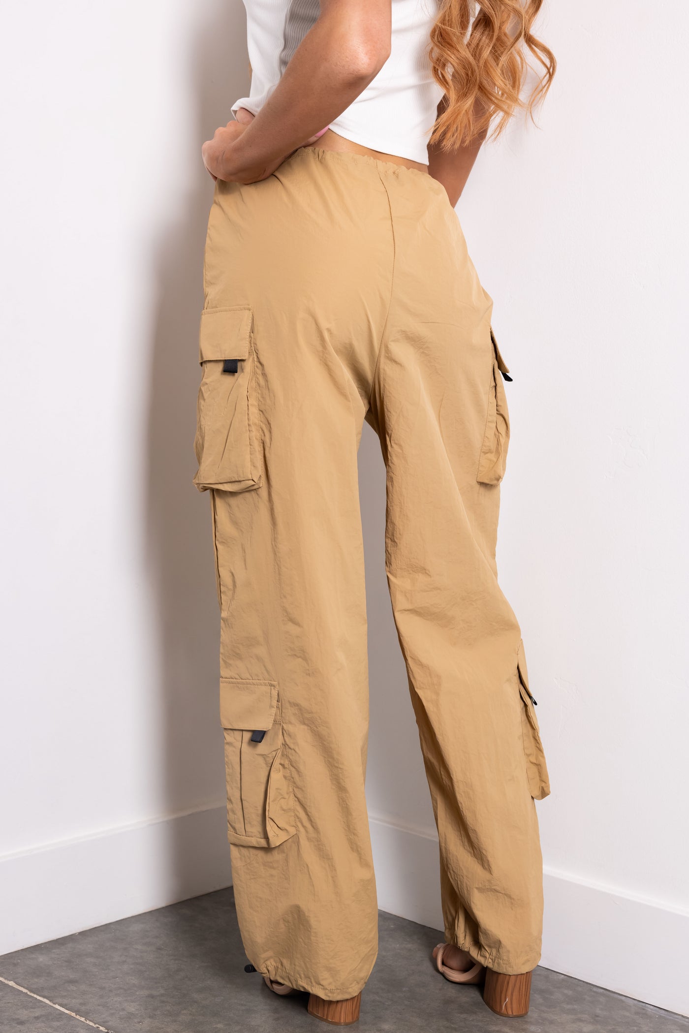 Camel Drawstring Cargo Parachute Pants