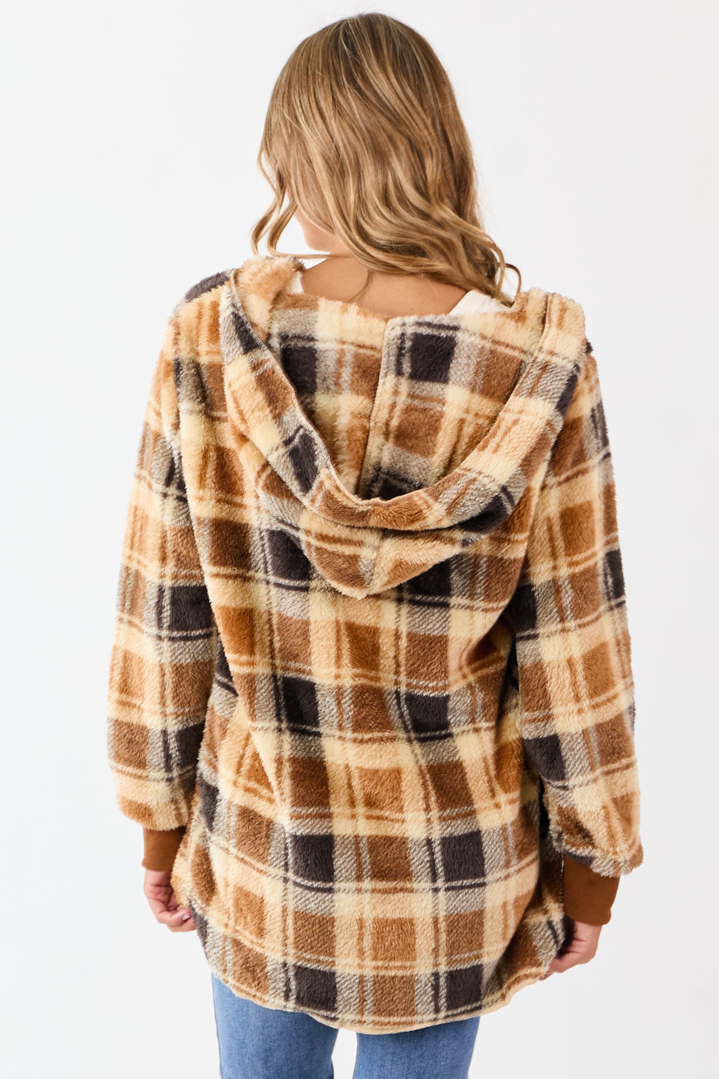 Camel Faux Fur Plaid Open Front Hooded Cardigan