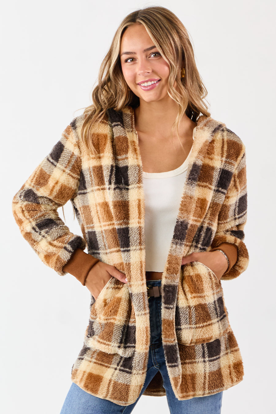 Camel Faux Fur Plaid Open Front Hooded Cardigan