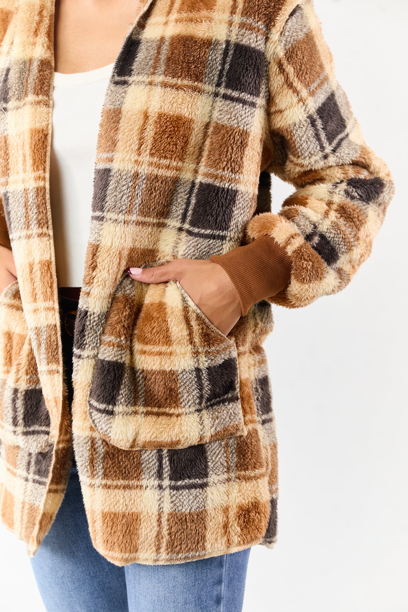 Camel Faux Fur Plaid Open Front Hooded Cardigan