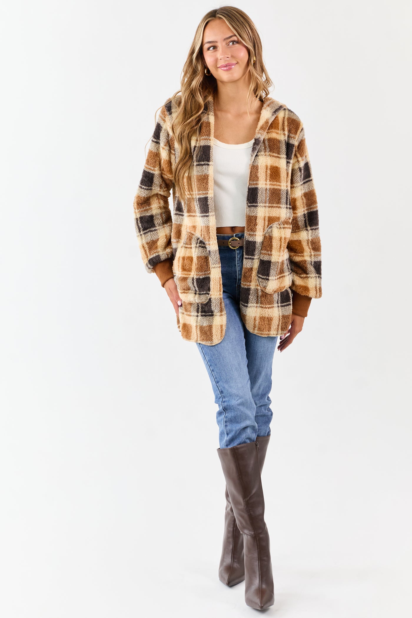 Camel Faux Fur Plaid Open Front Hooded Cardigan