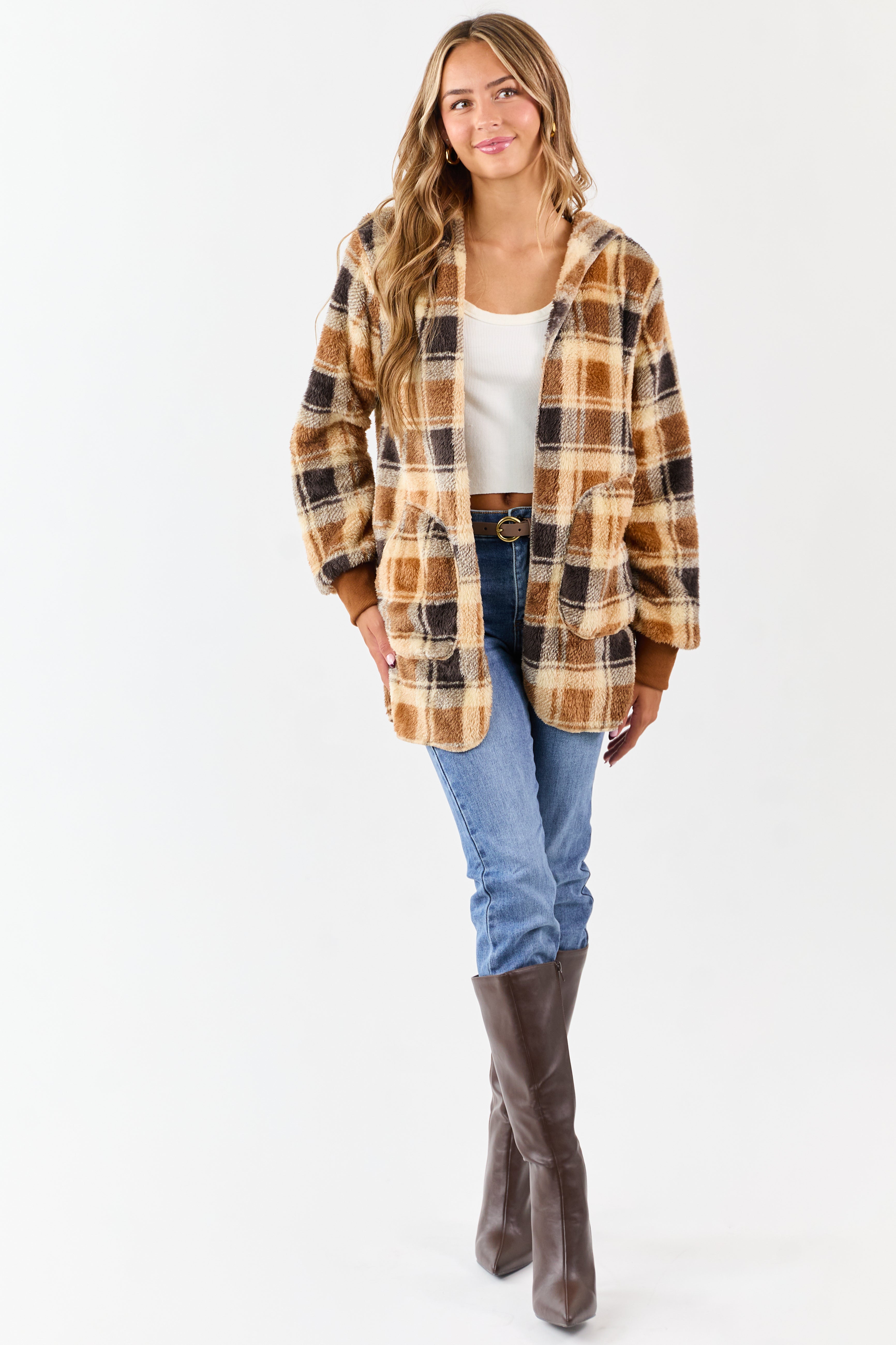 Camel Faux Fur Plaid Open Front Hooded Cardigan