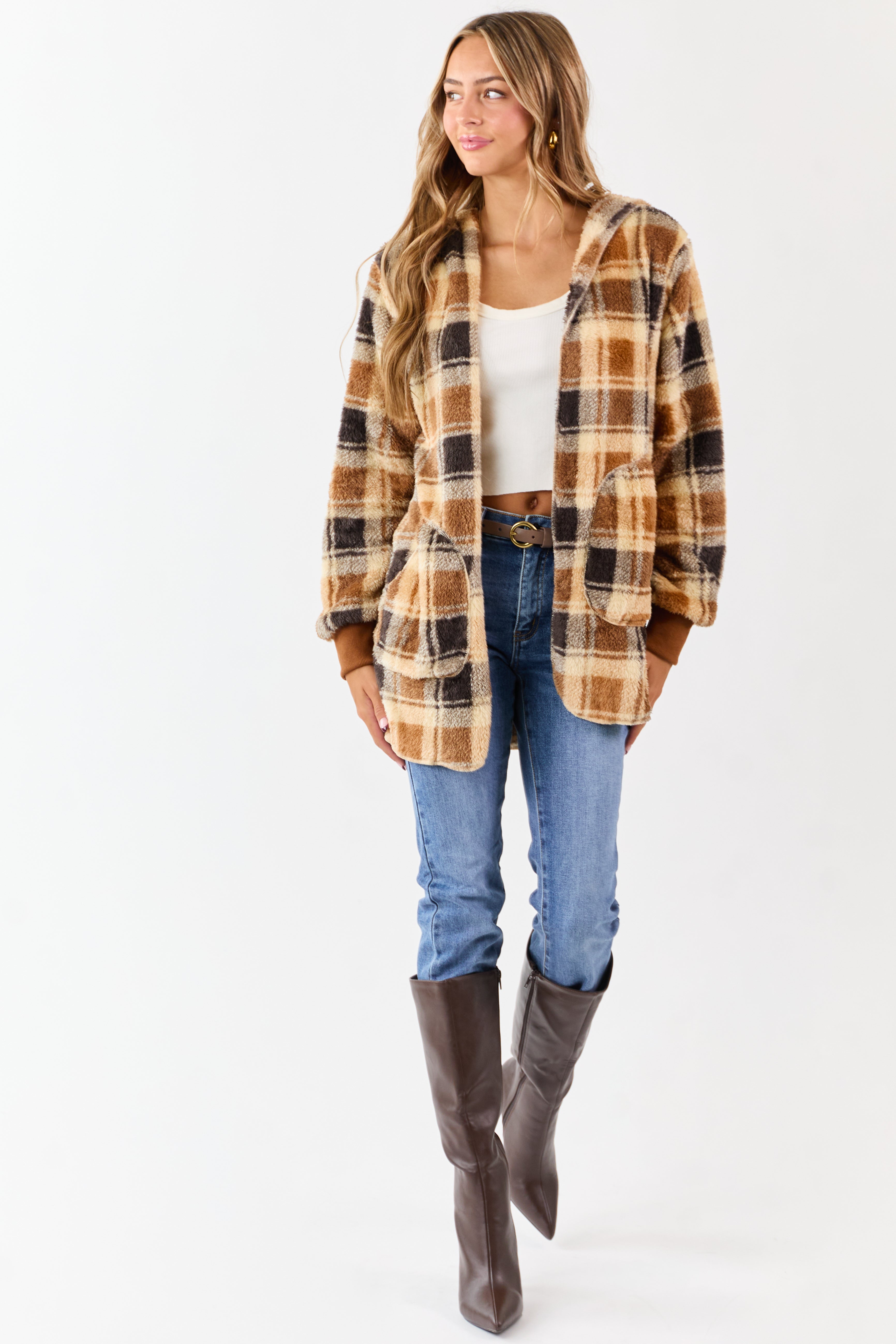 Camel Faux Fur Plaid Open Front Hooded Cardigan
