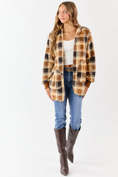 Camel Faux Fur Plaid Open Front Hooded Cardigan