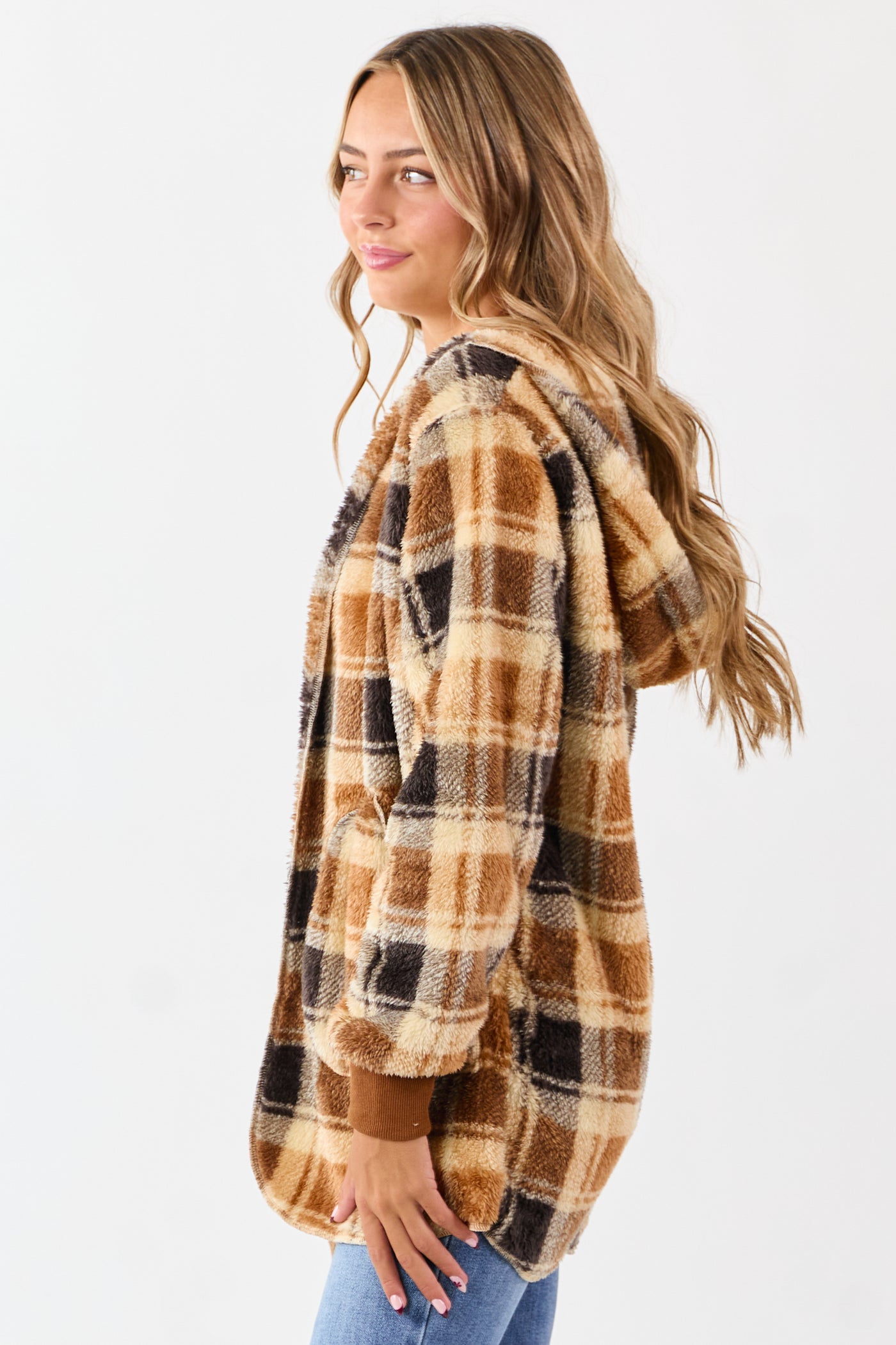 Camel Faux Fur Plaid Open Front Hooded Cardigan