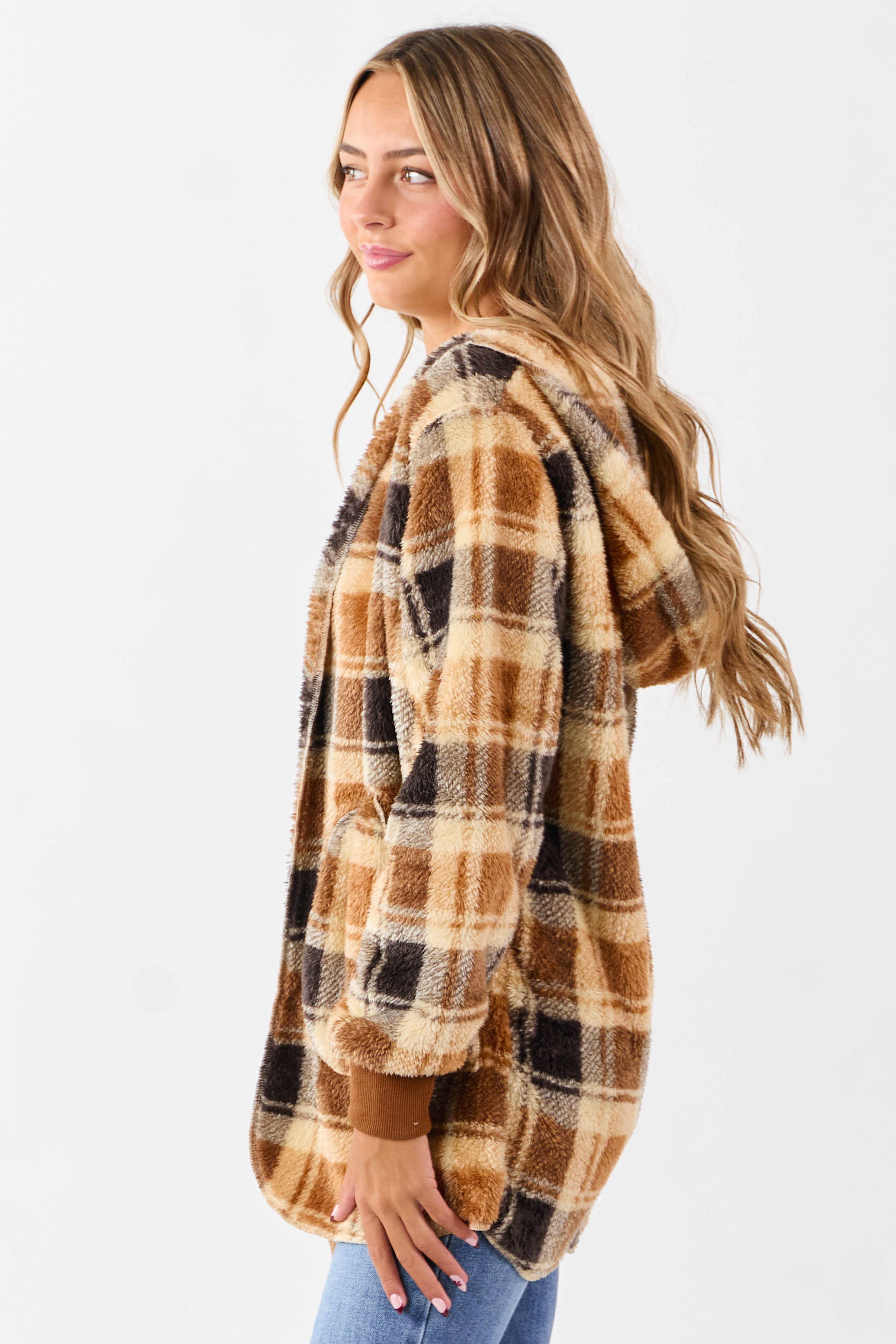 Camel Faux Fur Plaid Open Front Hooded Cardigan