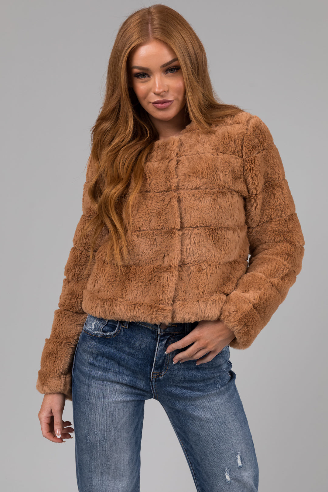 Camel Faux Fur Quilted Button Up Jacket