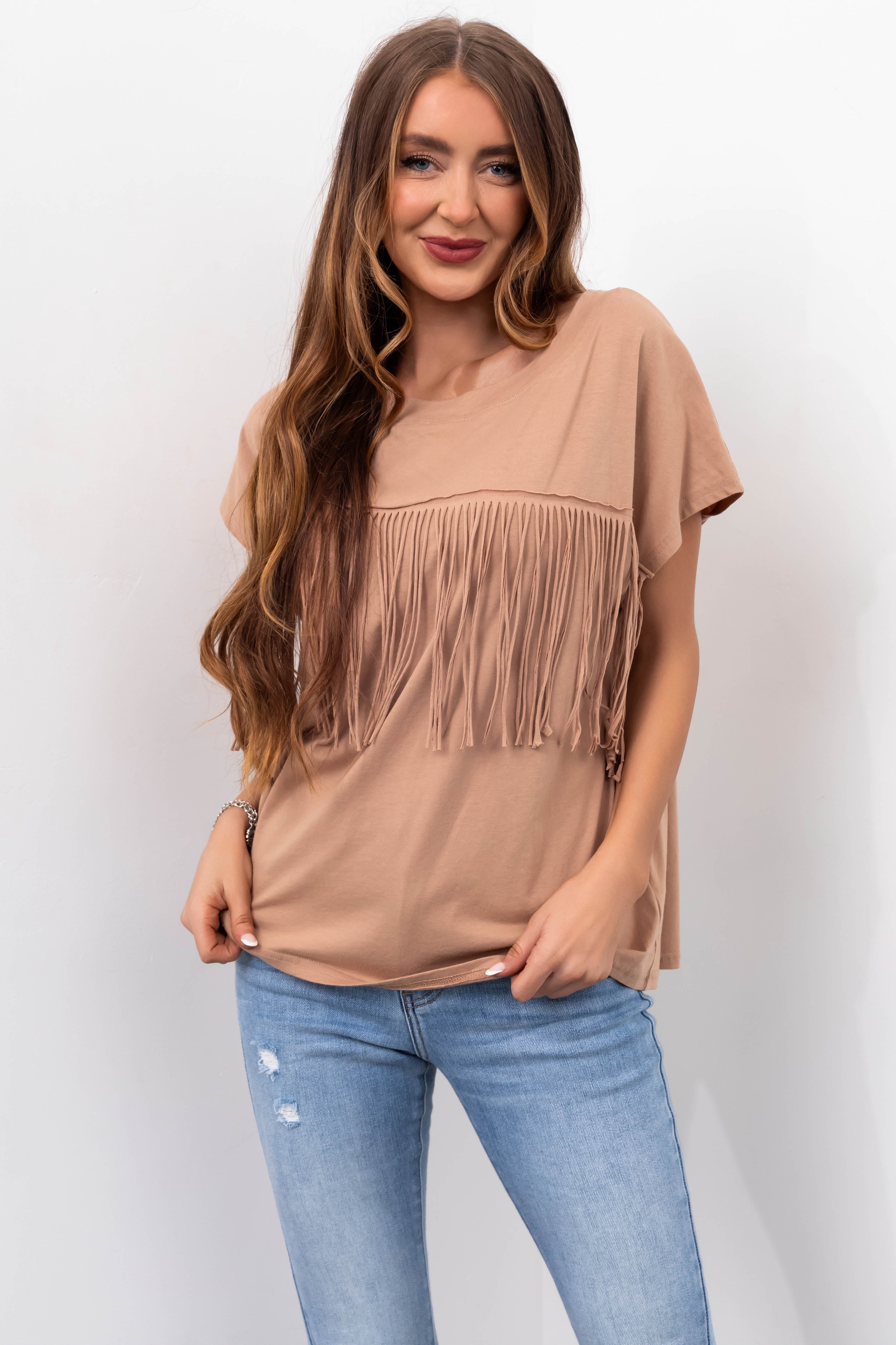Camel Fringe Short Sleeve Knit Tee | Lime Lush Boutique