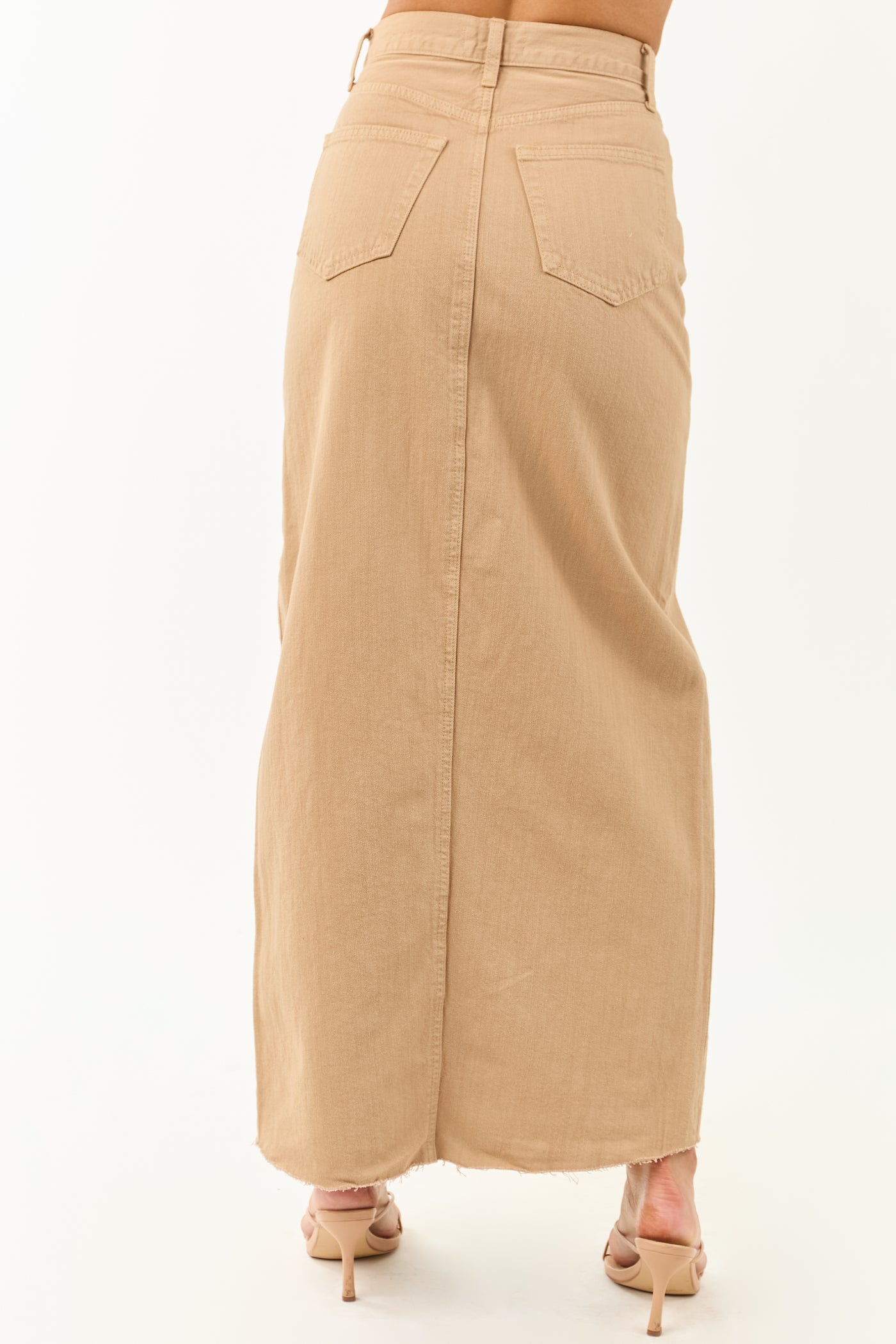 Camel Front Slit Raw Hem Denim Maxi Skirt
