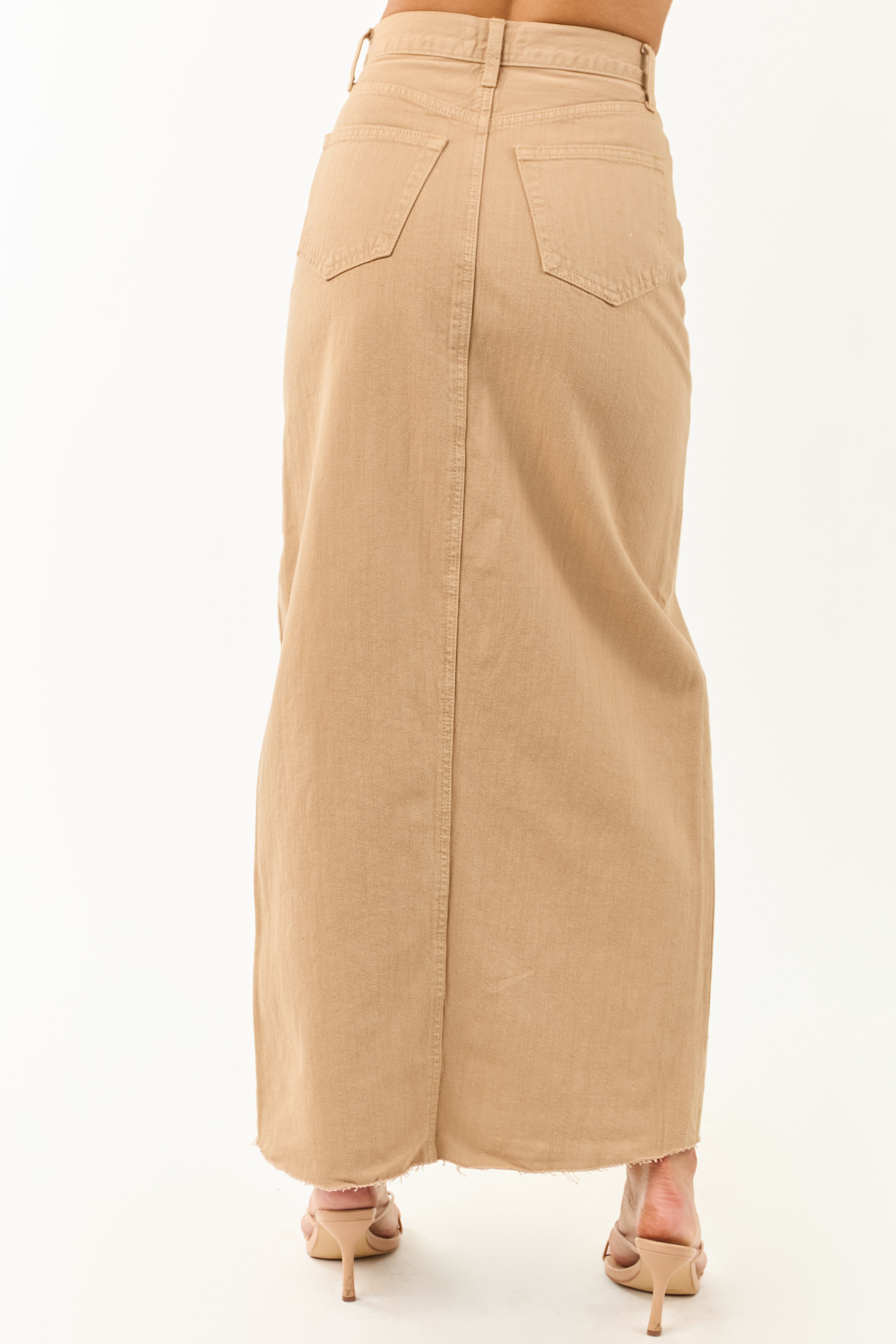 Camel Front Slit Raw Hem Denim Maxi Skirt