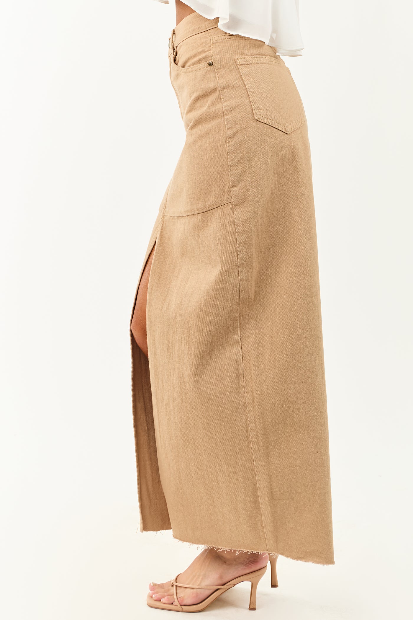 Camel Front Slit Raw Hem Denim Maxi Skirt