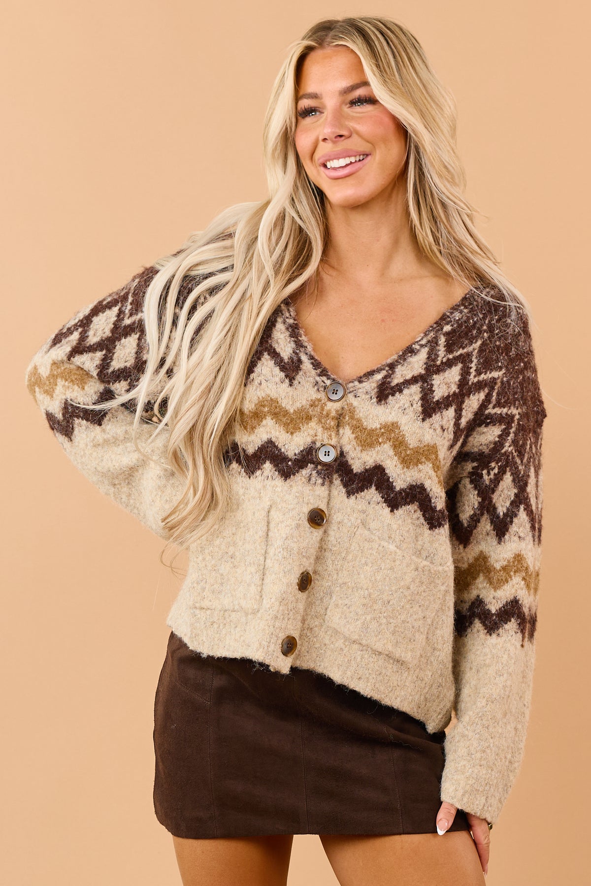 Camel Geometric Pattern Soft Sweater Cardigan