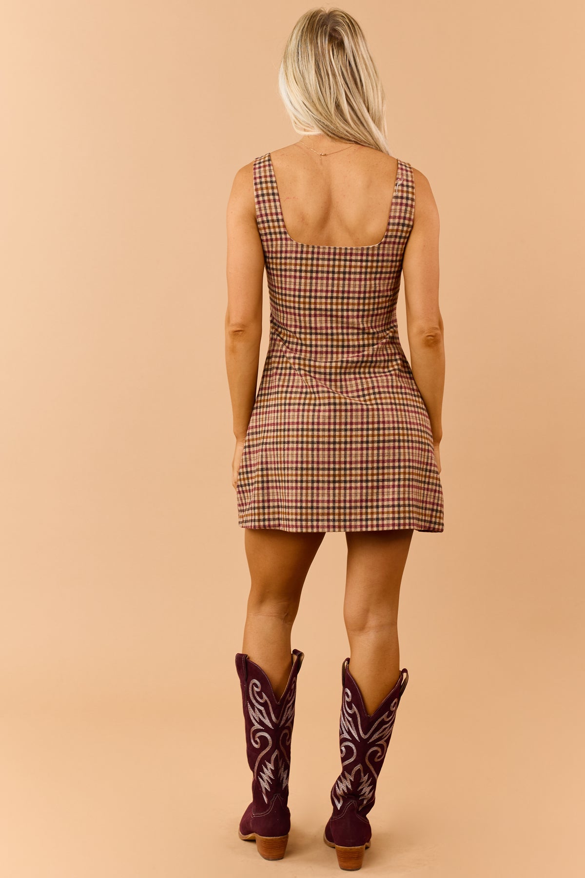 Camel Gingham Wool Blend Square Neck Mini Dress