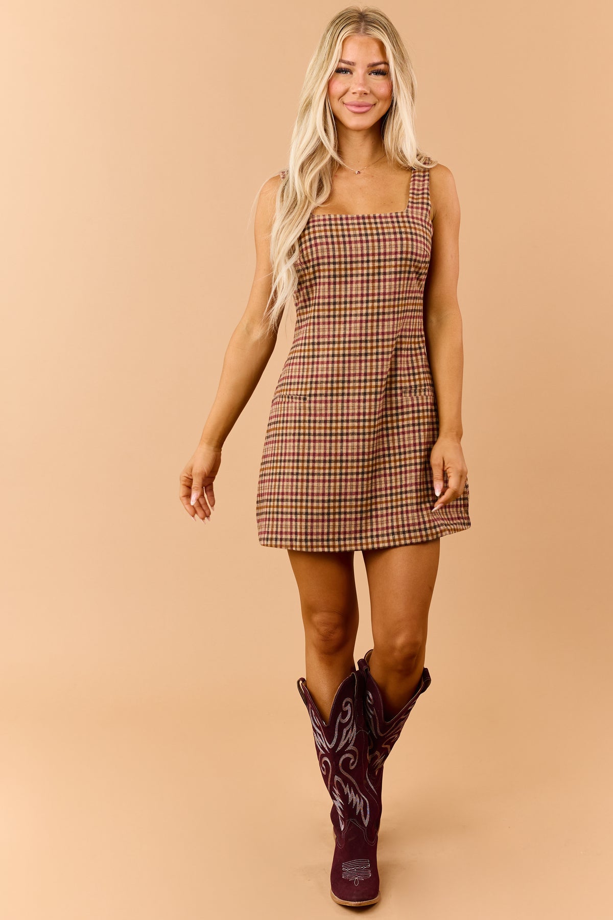 Camel Gingham Wool Blend Square Neck Mini Dress