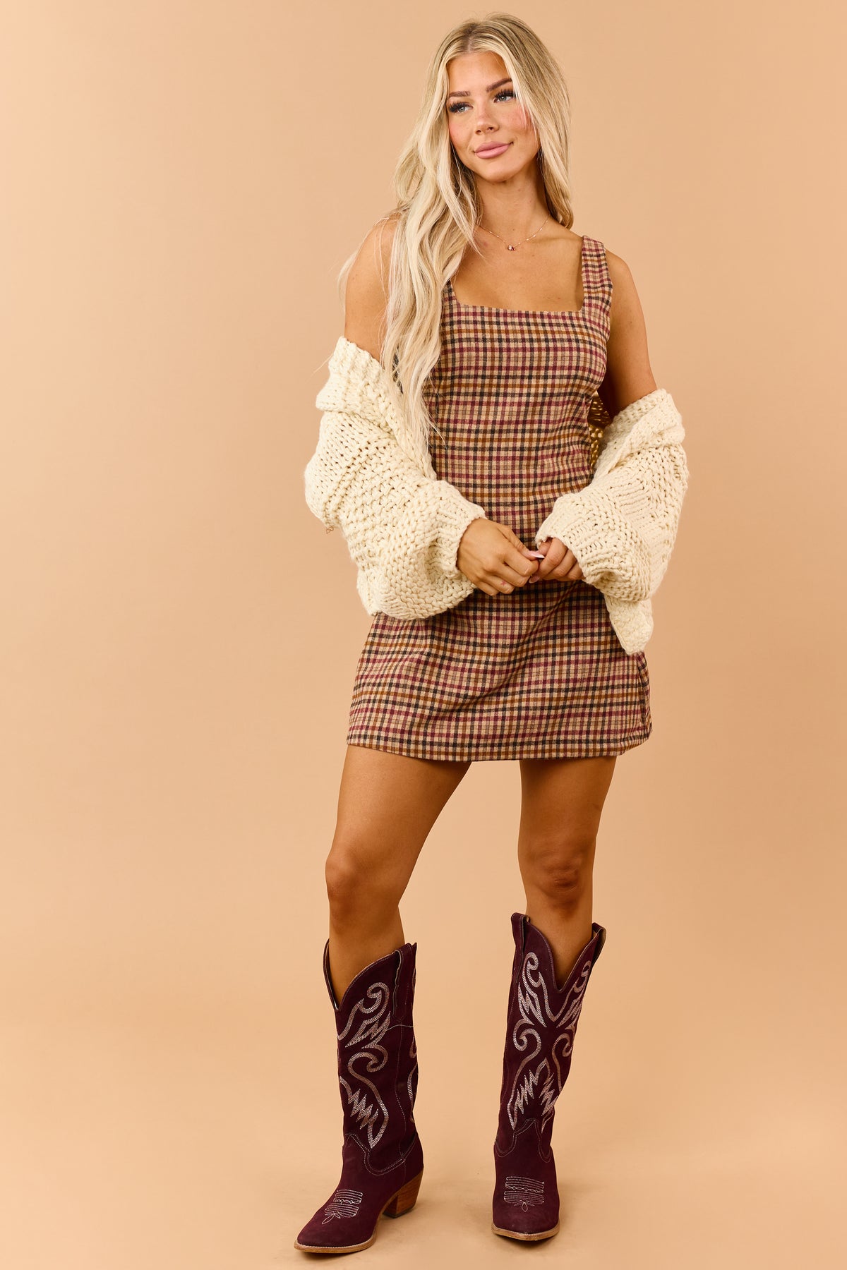 Camel Gingham Wool Blend Square Neck Mini Dress
