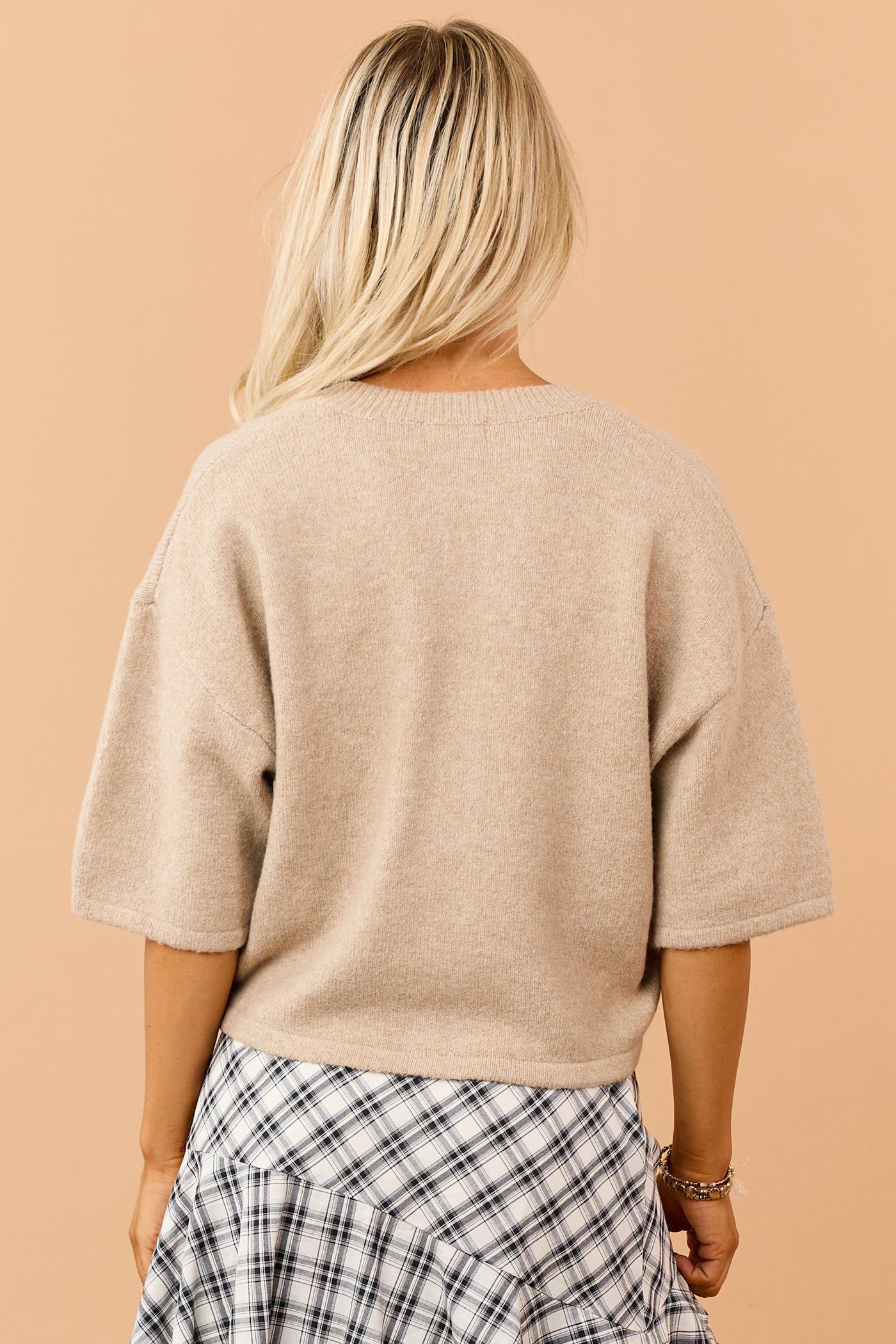 Camel Half Sleeve Button Down Sweater