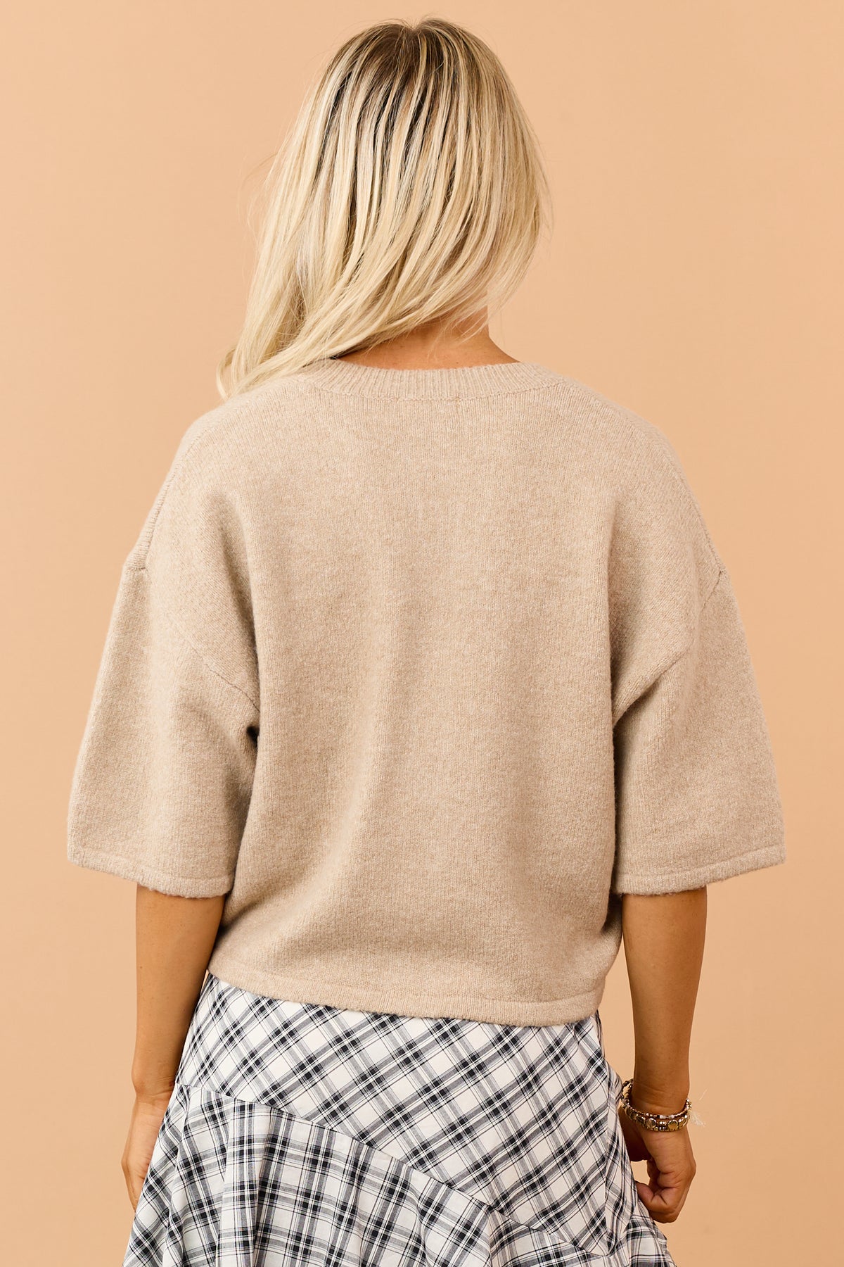 Camel Half Sleeve Button Down Sweater