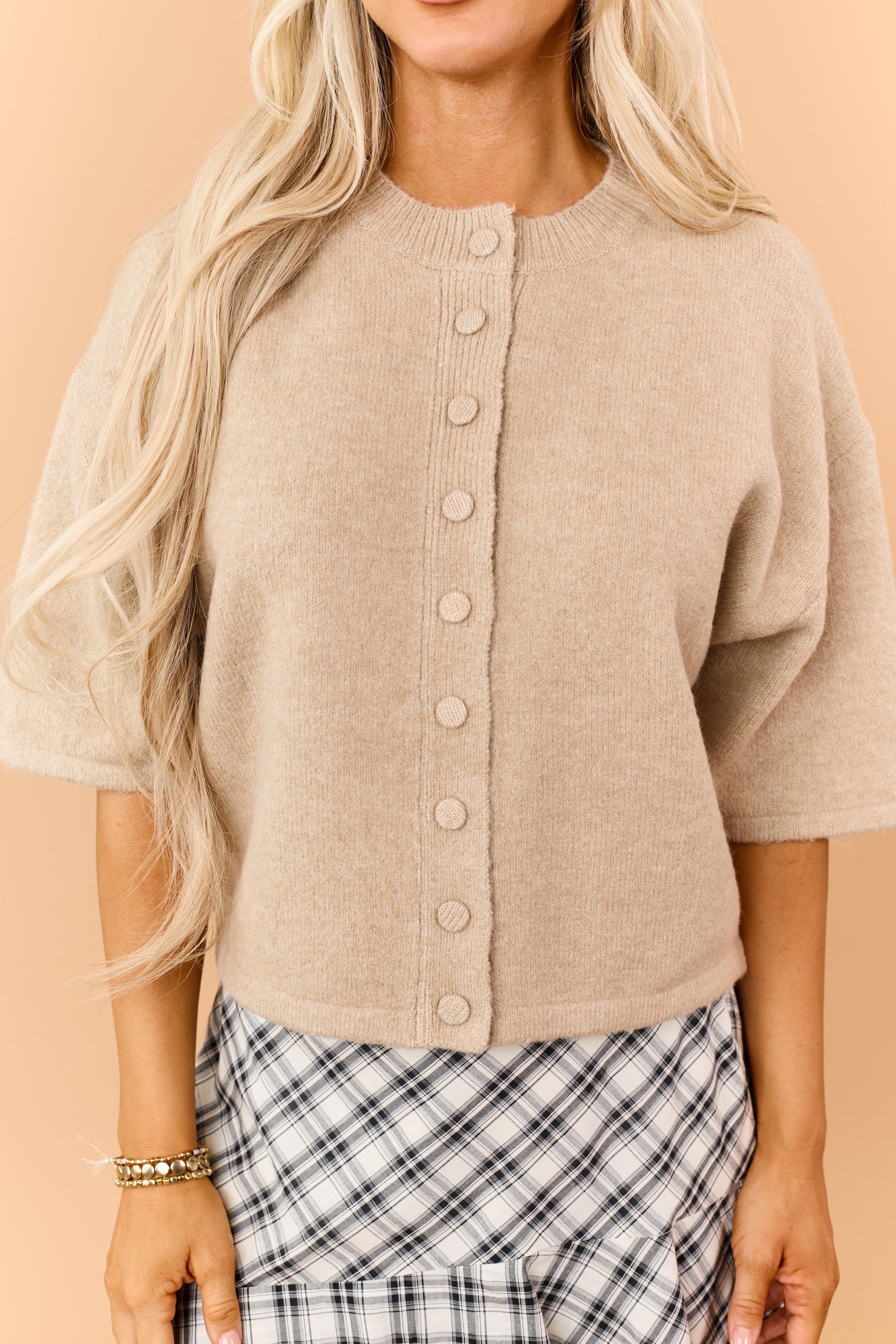 Camel Half Sleeve Button Down Sweater