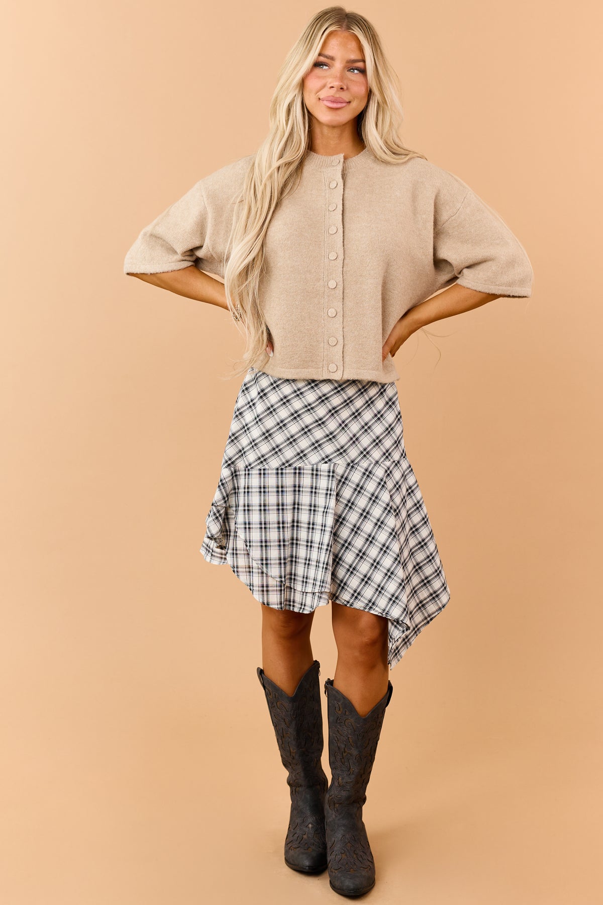 Camel Half Sleeve Button Down Sweater