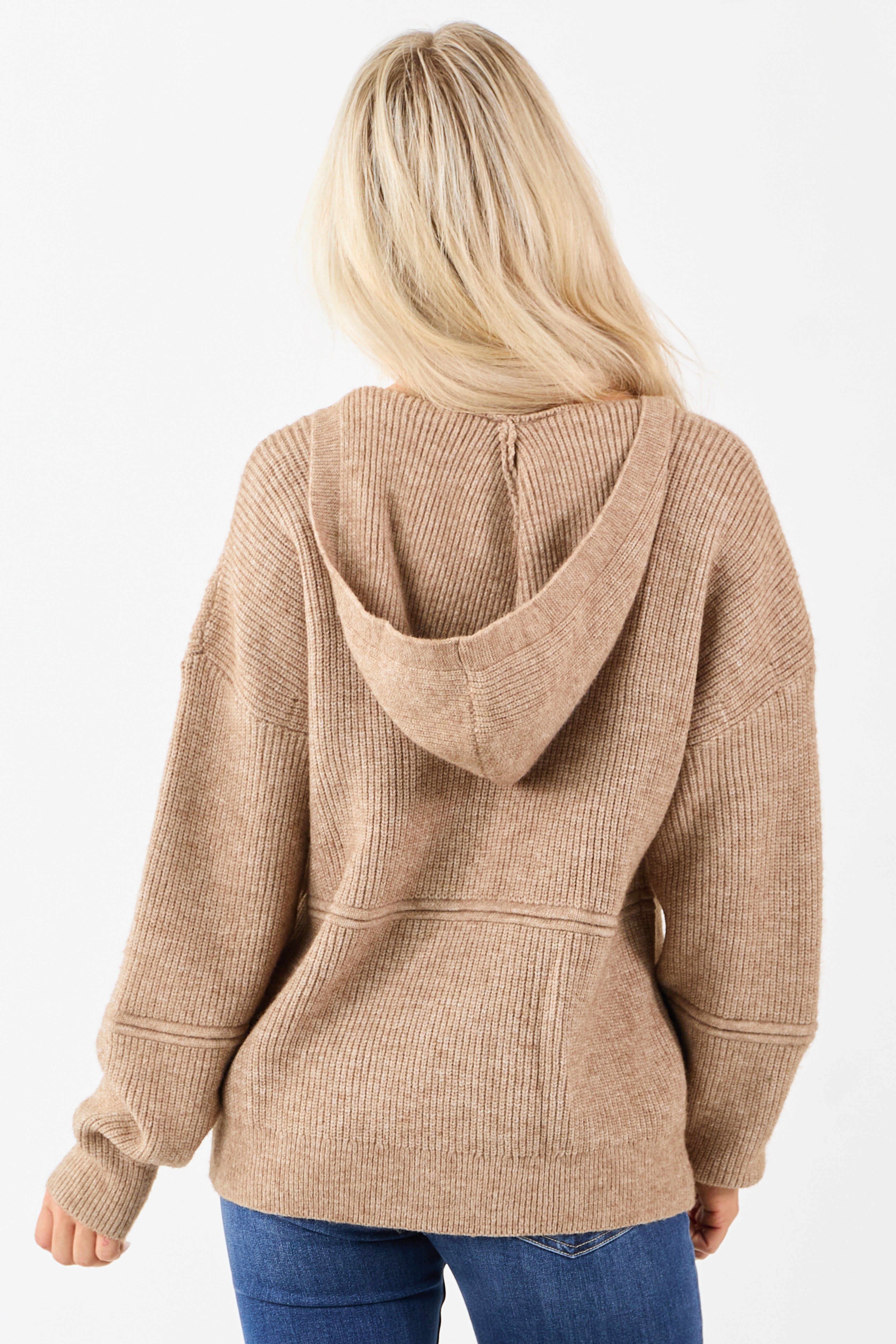 Camel Hooded Relaxed Rib Knit Sweater