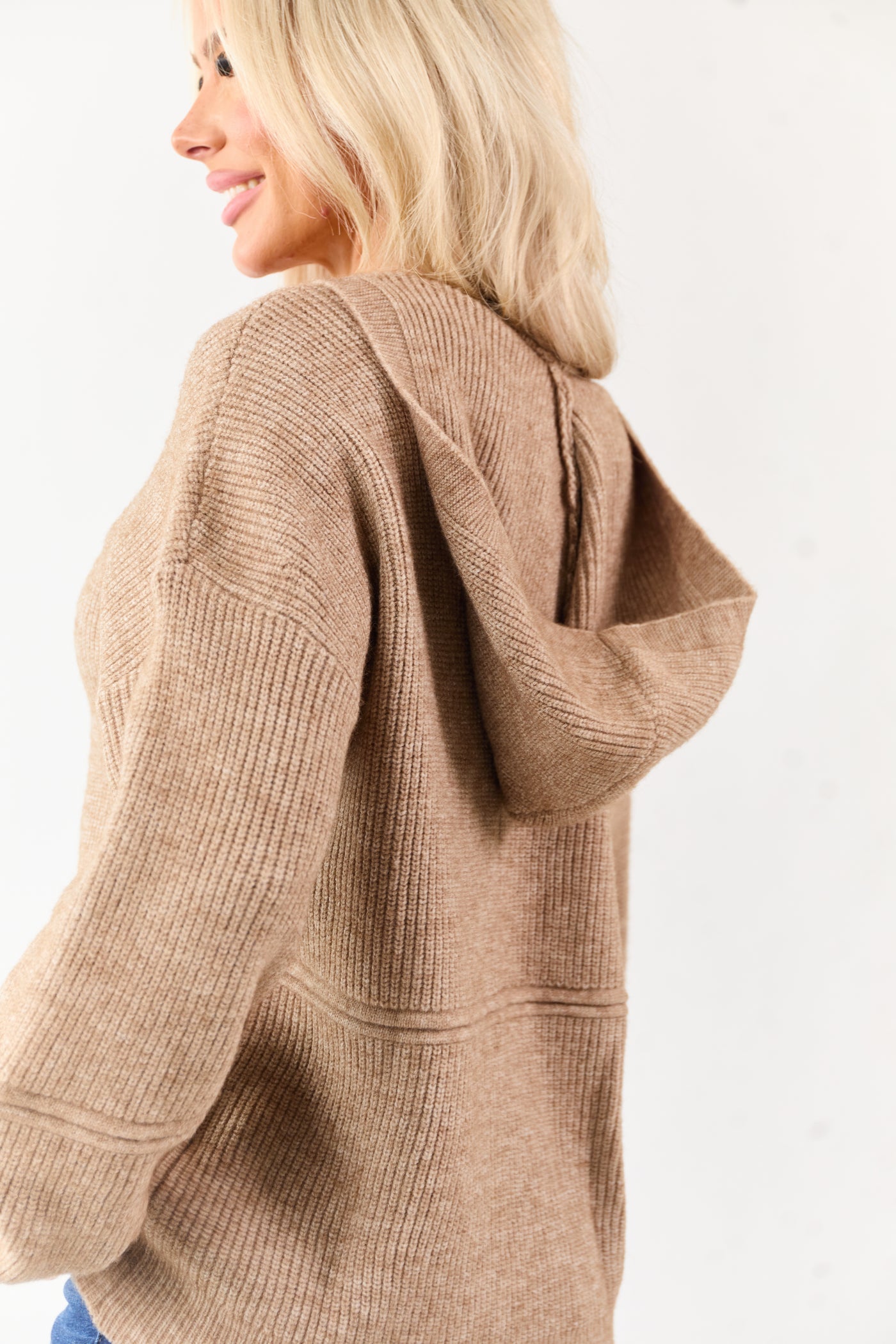 Camel Hooded Relaxed Rib Knit Sweater