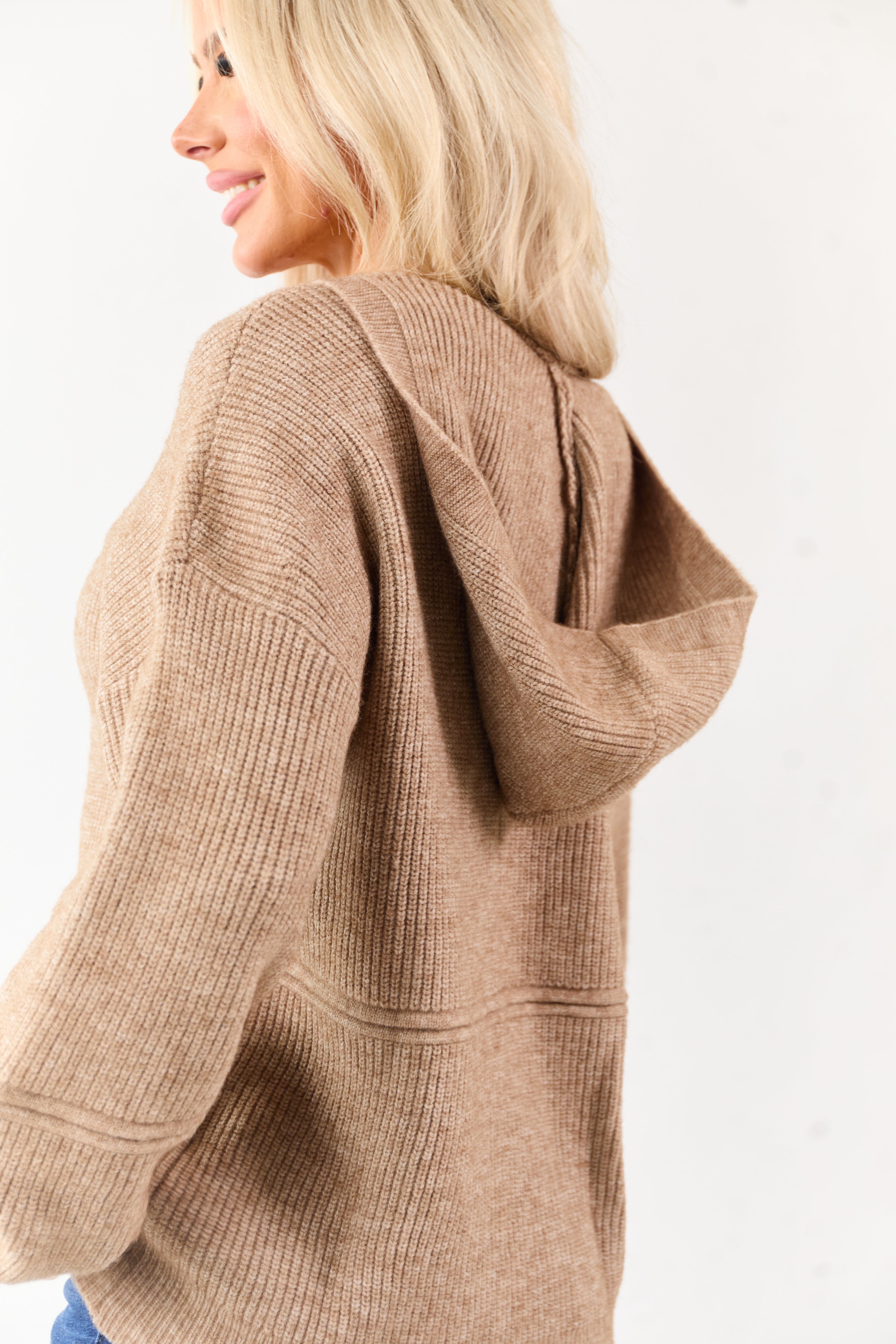 Camel Hooded Relaxed Rib Knit Sweater