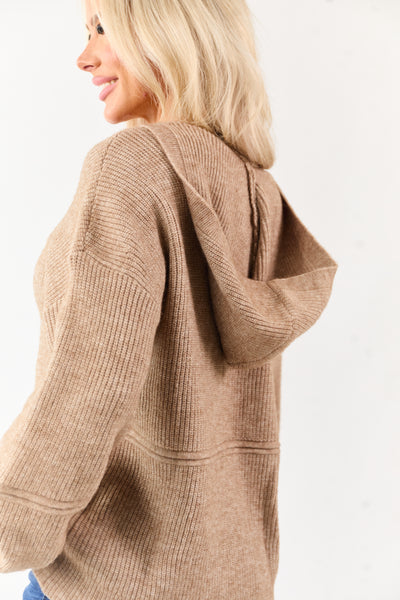 Camel Hooded Relaxed Rib Knit Sweater