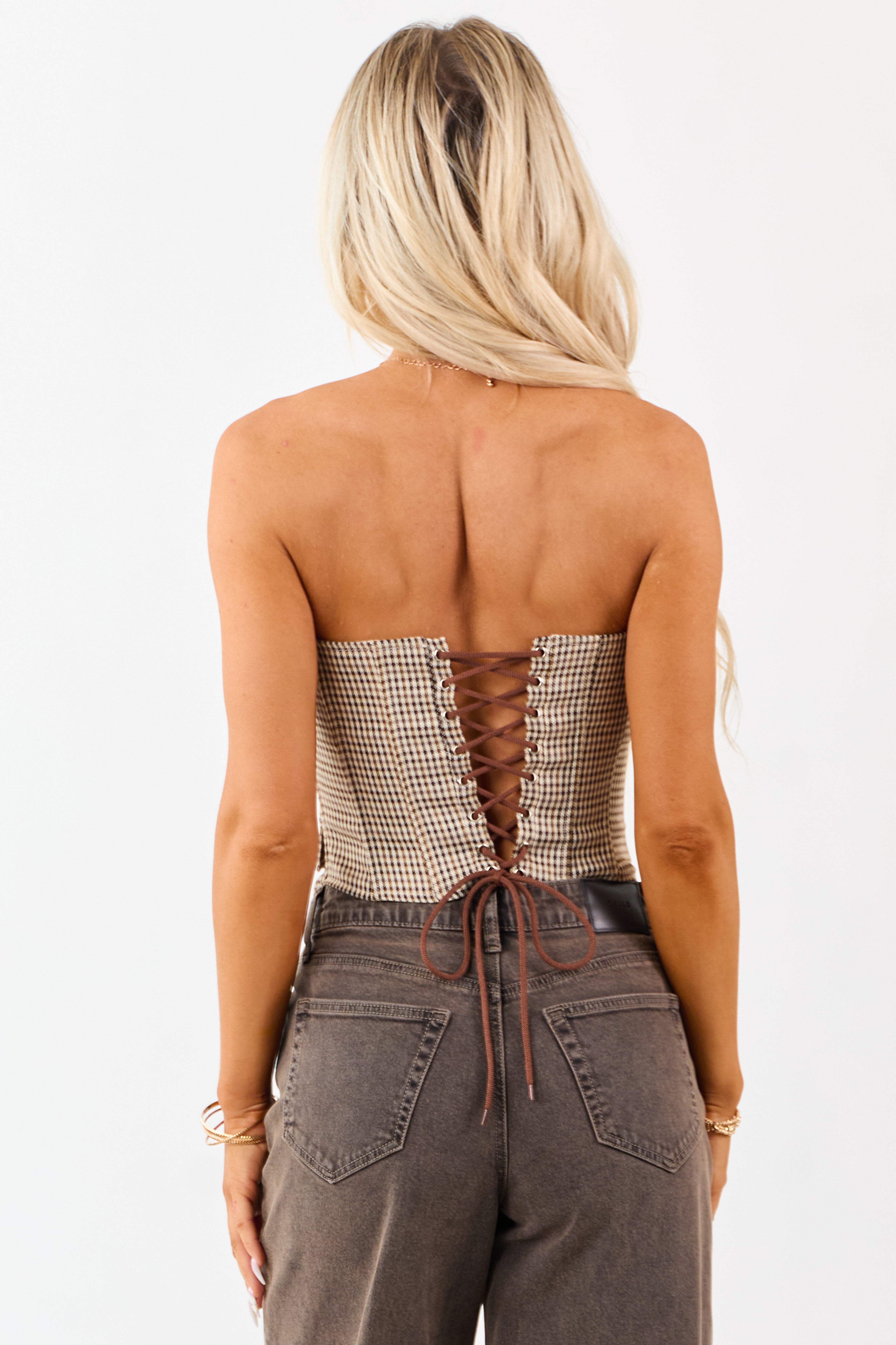 Camel Houndstooth Strapless Lace Up Corset Top