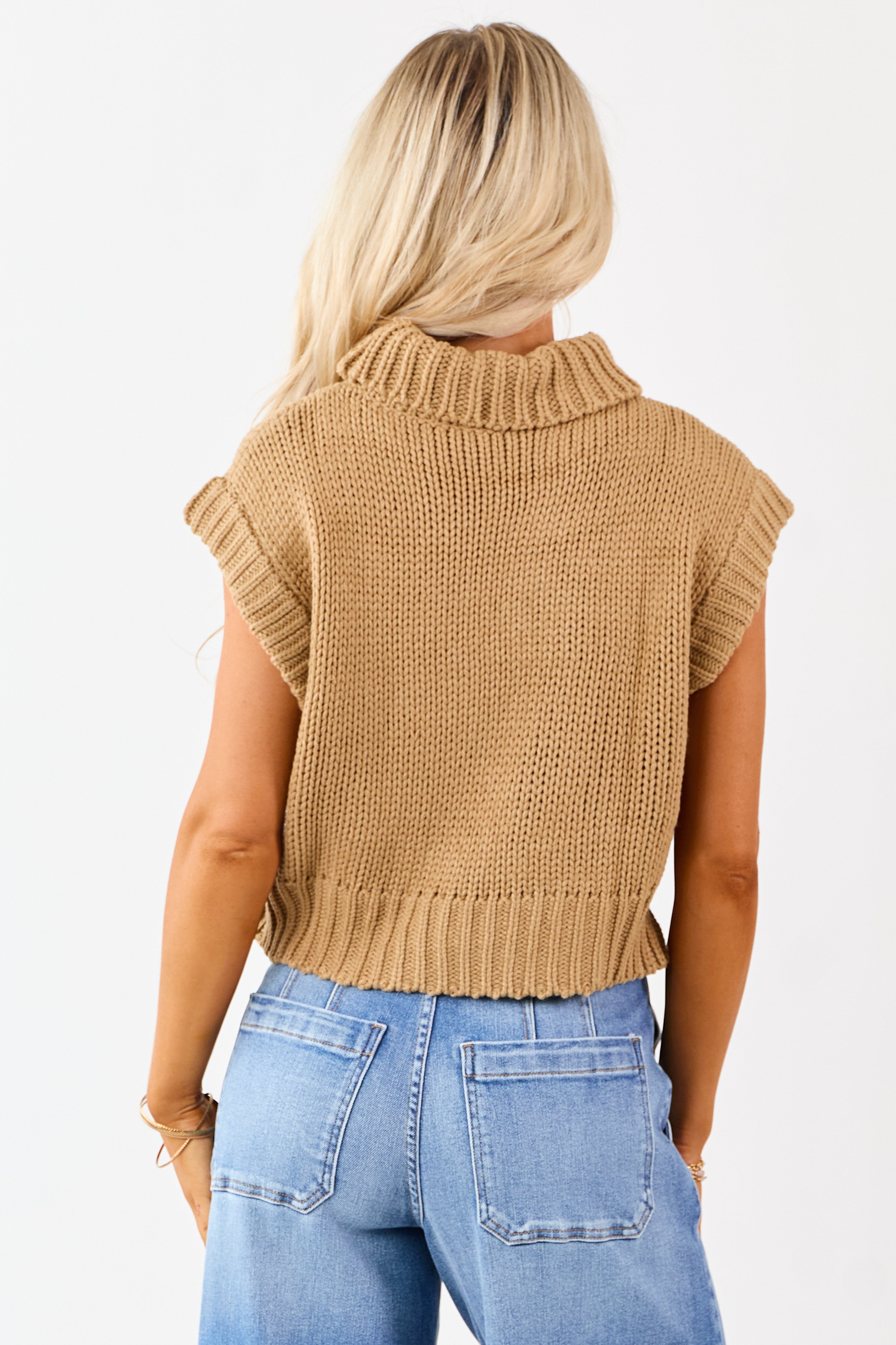 トップス CLANEPEPLUM HAND KNIT TOPS Camel Knit Turtleneck Cap Sleeve Sweater Top | Lime Lush Boutique