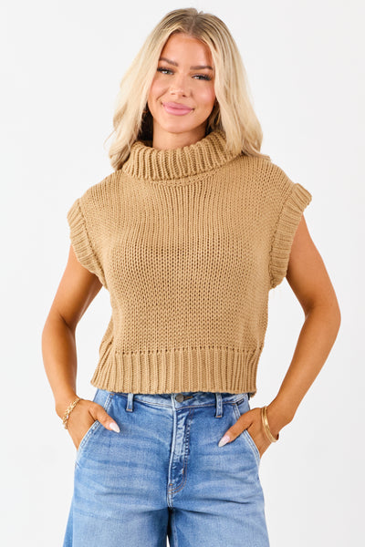 Camel Knit Turtleneck Cap Sleeve Sweater Top | Lime Lush Boutique