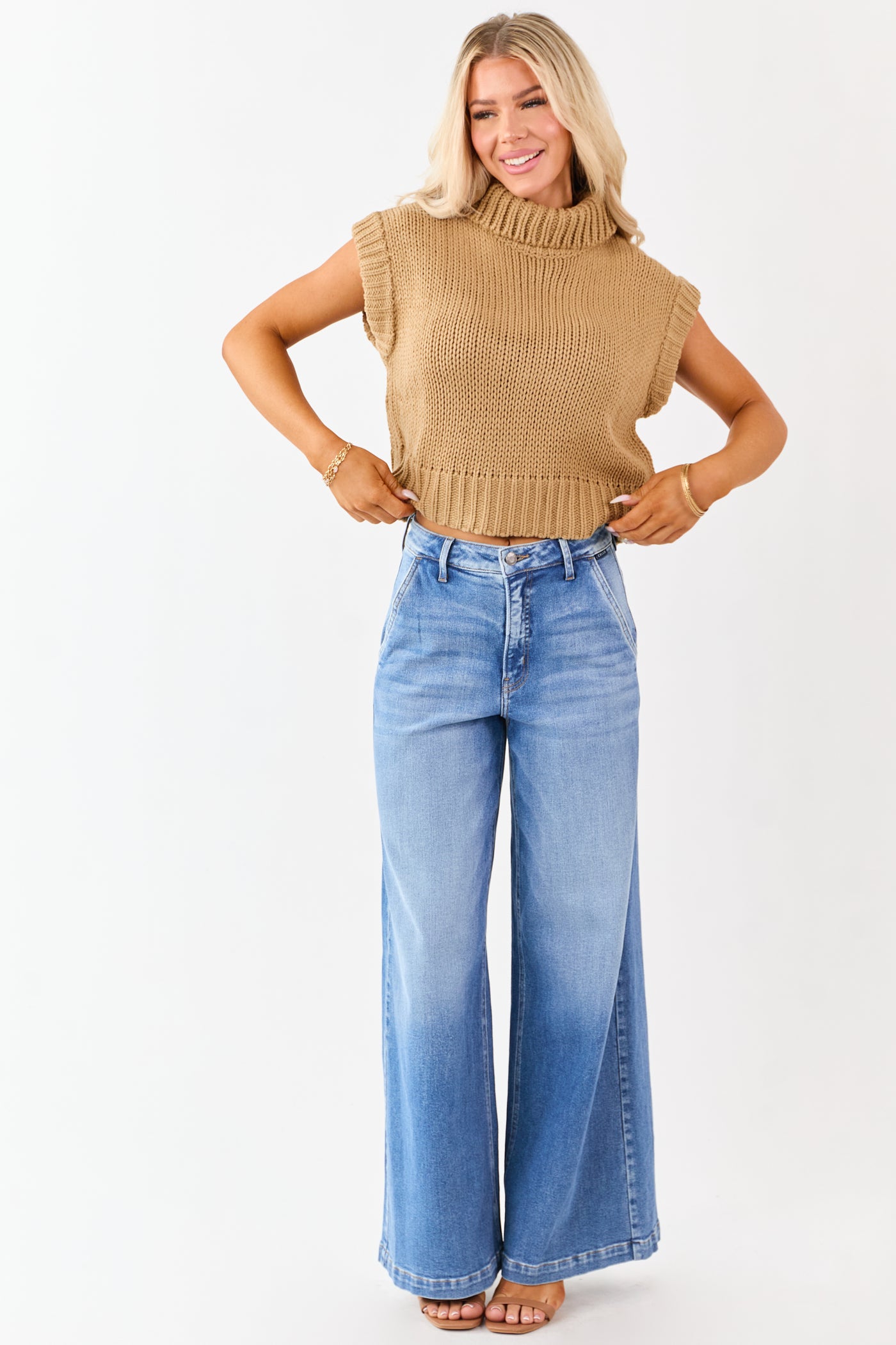 Camel Knit Turtleneck Cap Sleeve Sweater Top