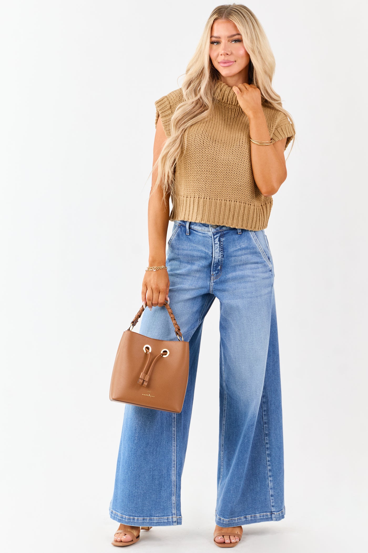 Camel Knit Turtleneck Cap Sleeve Sweater Top