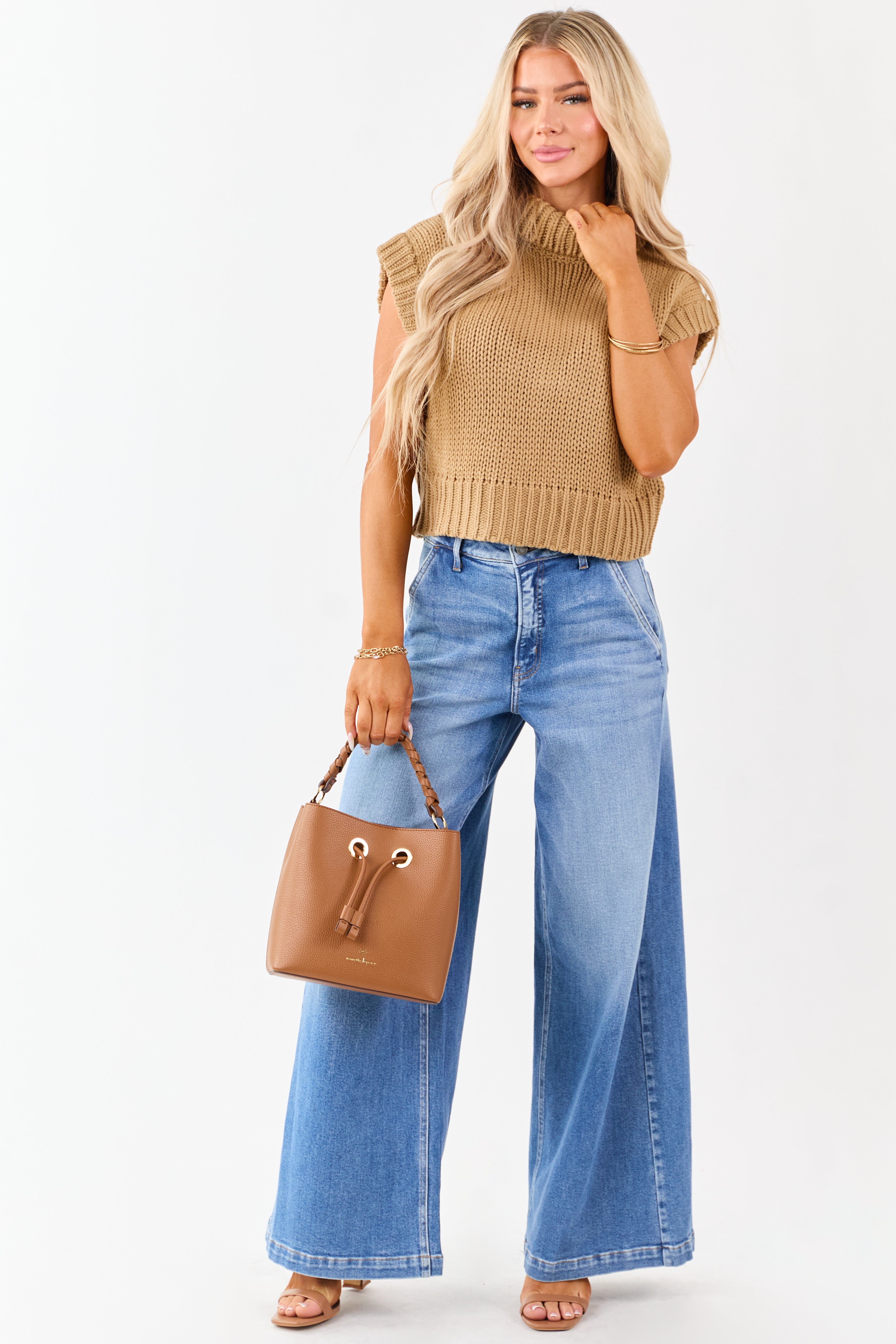 Camel Knit Turtleneck Cap Sleeve Sweater Top