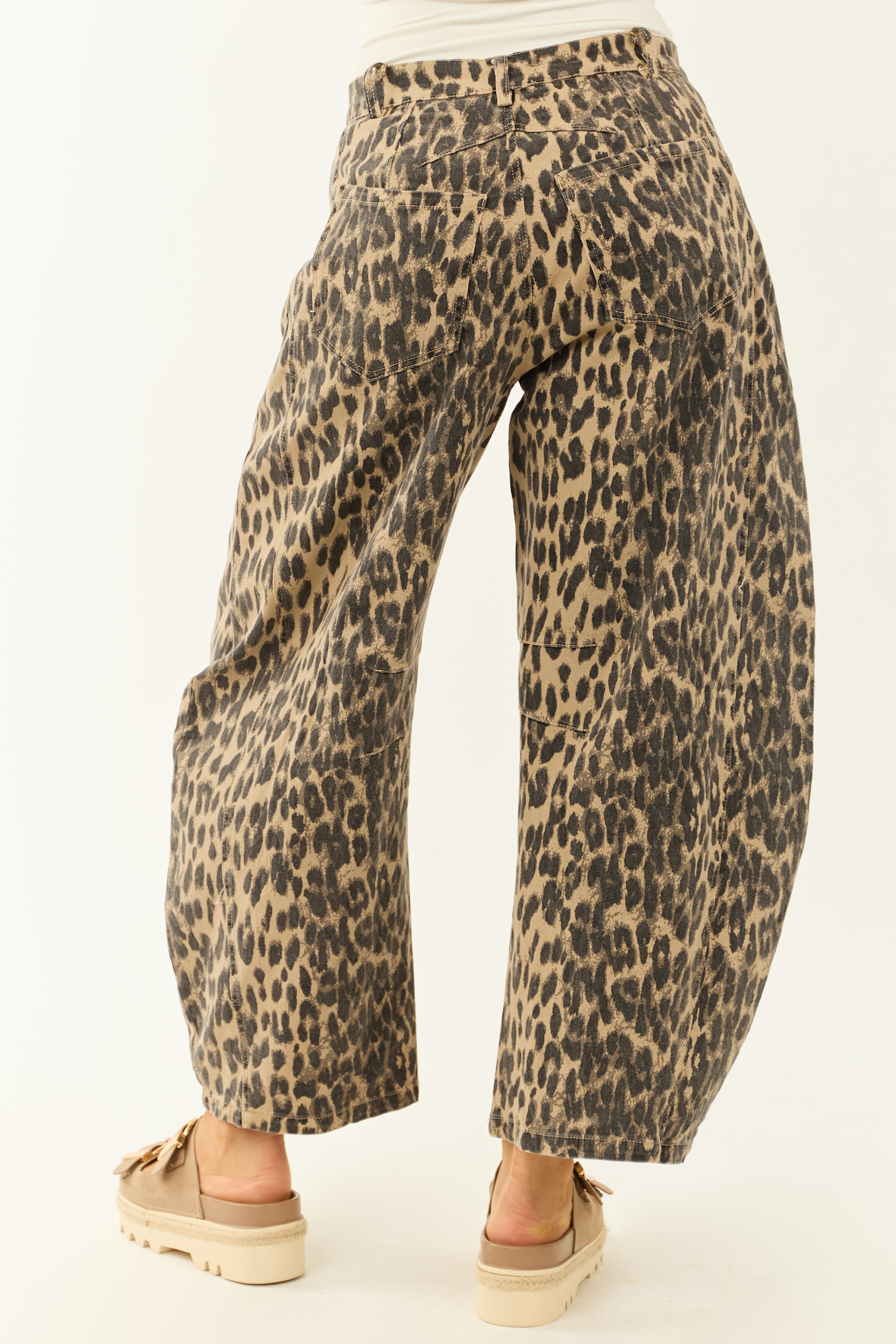 Camel Leopard Print High Rise Button Fly Barrel Jeans
