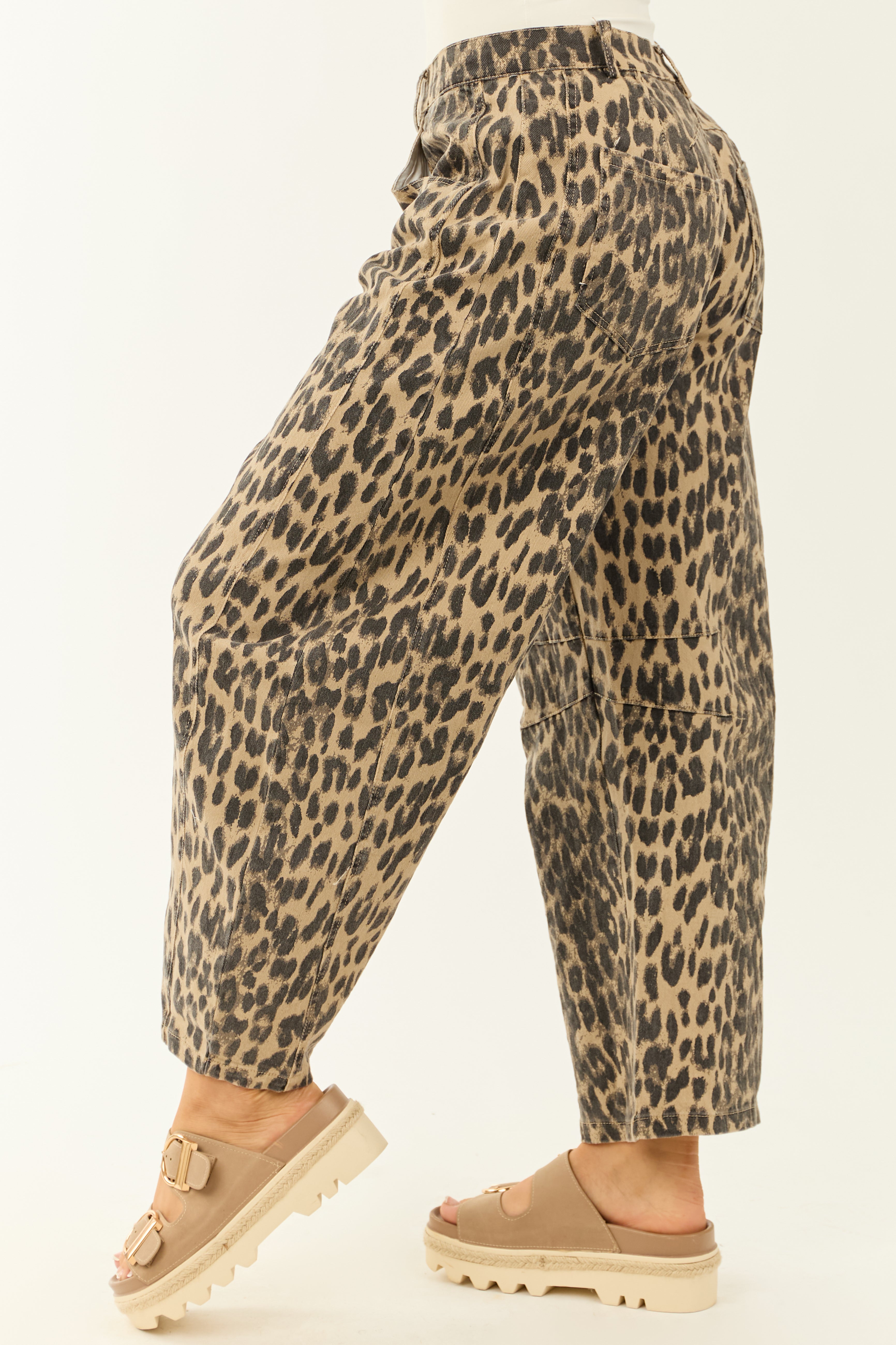 Camel Leopard Print High Rise Button Fly Barrel Jeans