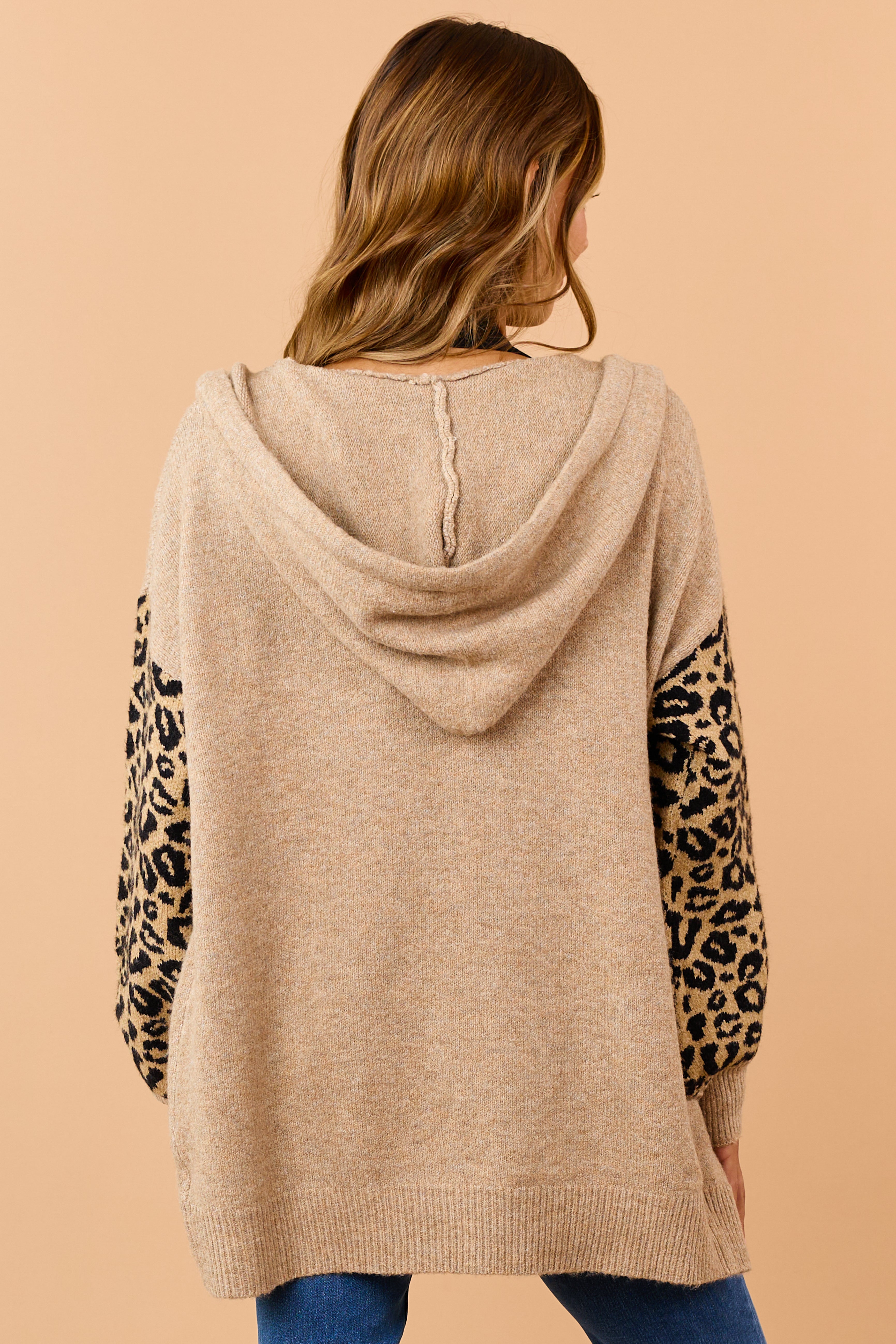 Camel Leopard Print Sleeves Hooded Cardigan