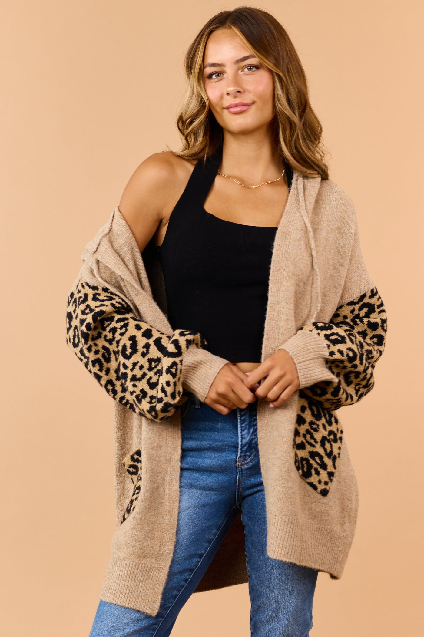 Camel Leopard Print Sleeves Hooded Cardigan