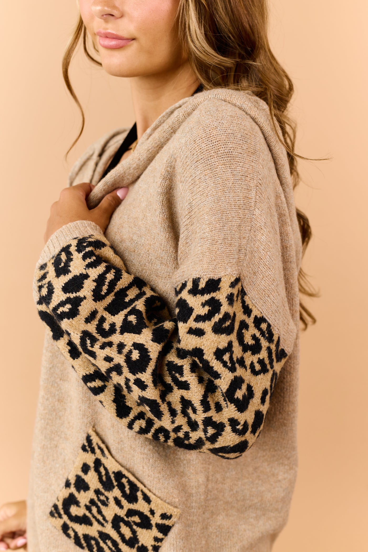 Camel Leopard Print Sleeves Hooded Cardigan