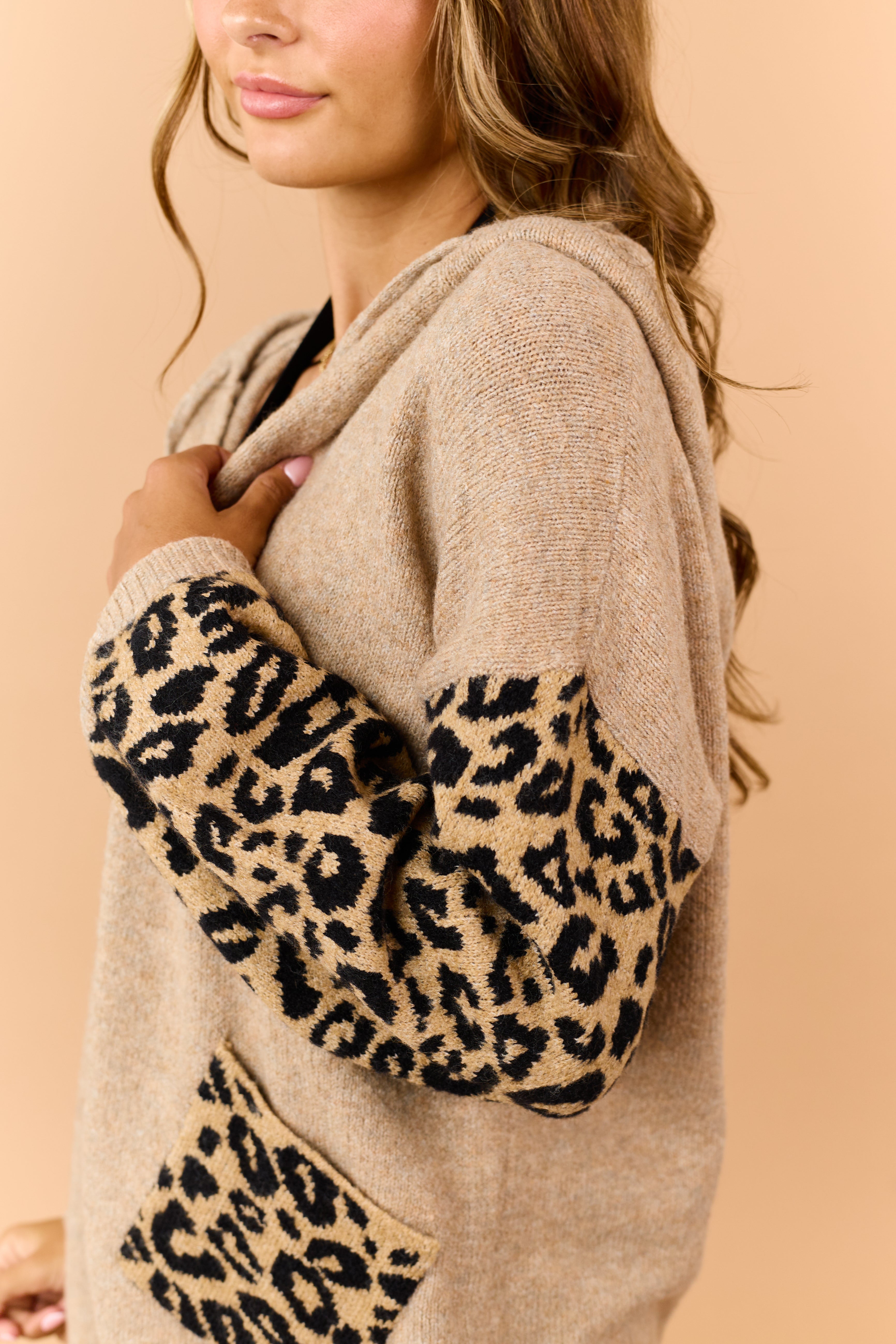 Camel Leopard Print Sleeves Hooded Cardigan