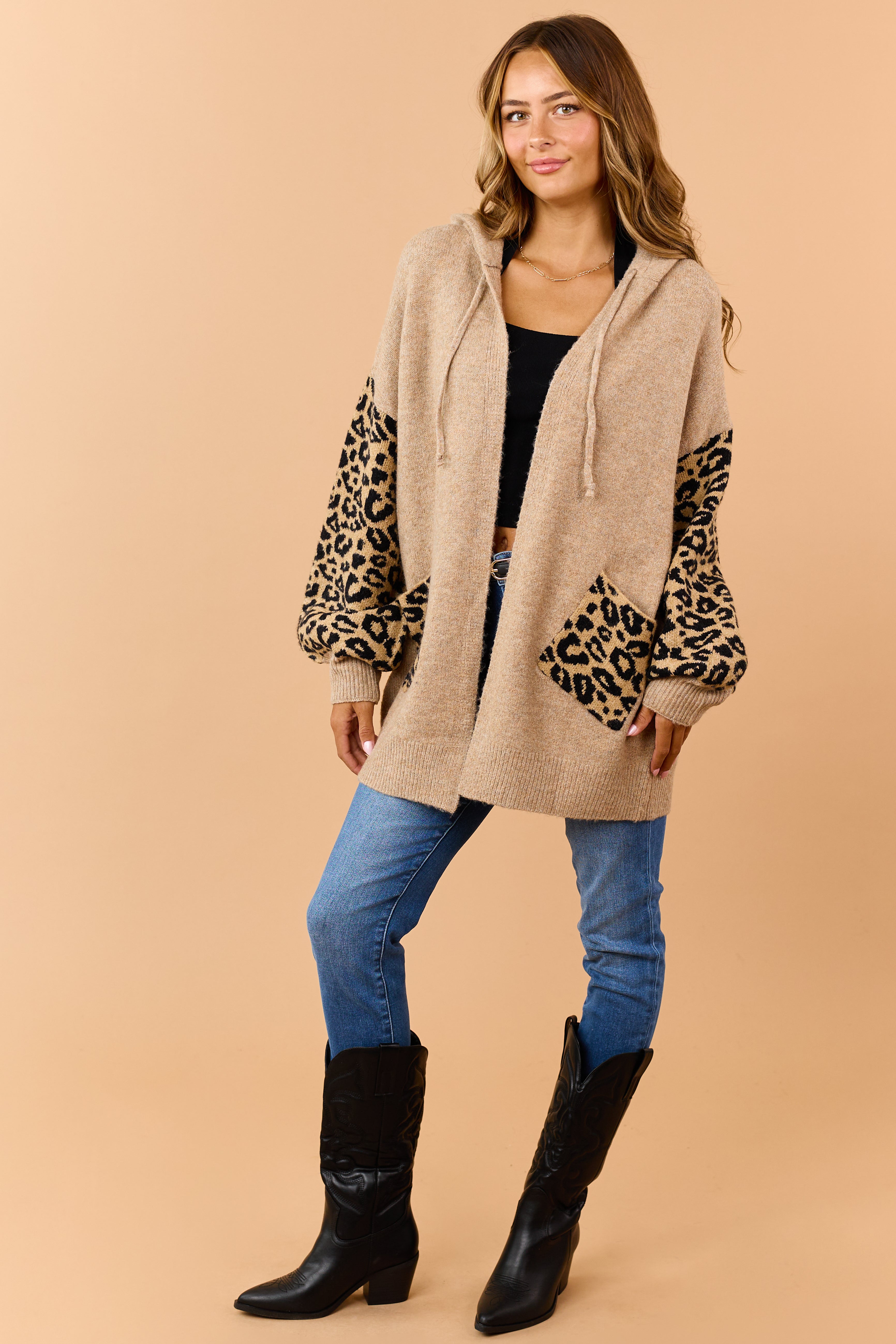 Camel Leopard Print Sleeves Hooded Cardigan
