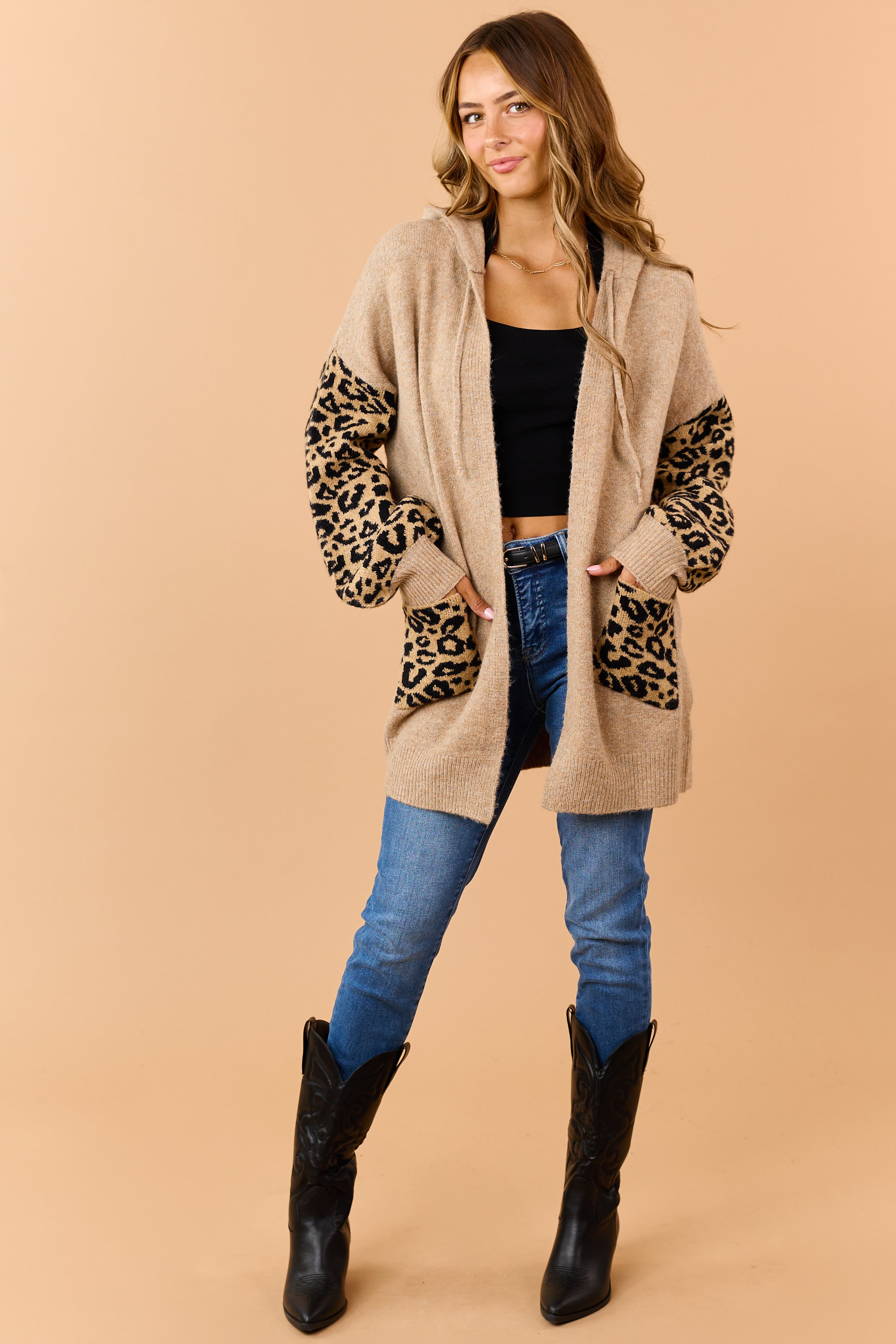 Camel Leopard Print Sleeves Hooded Cardigan