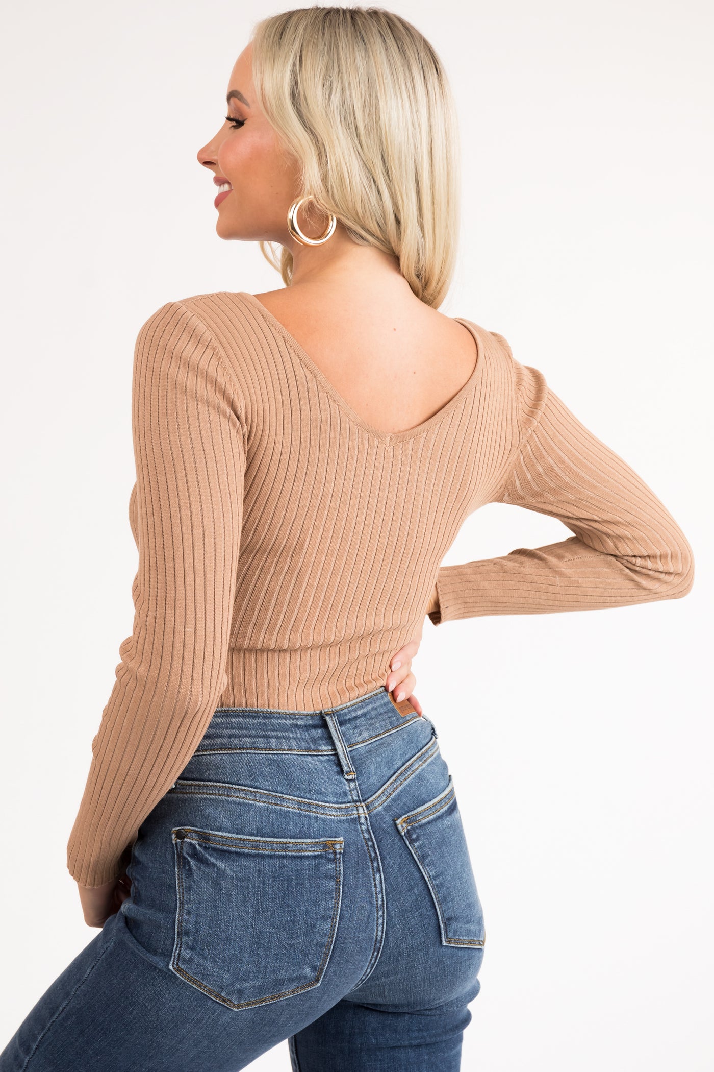 Camel Long Sleeve Ribbed Knit Bodysuit