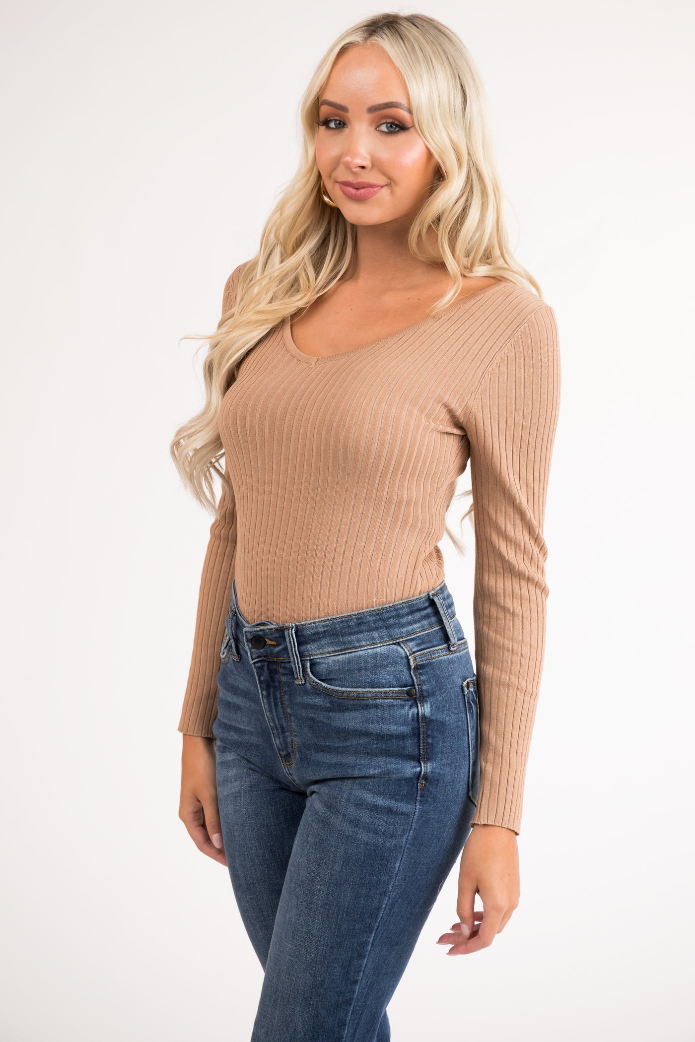 Camel Long Sleeve Ribbed Knit Bodysuit