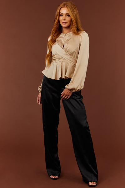 Camel Long Sleeve Sash Tie Satin Peplum Blouse