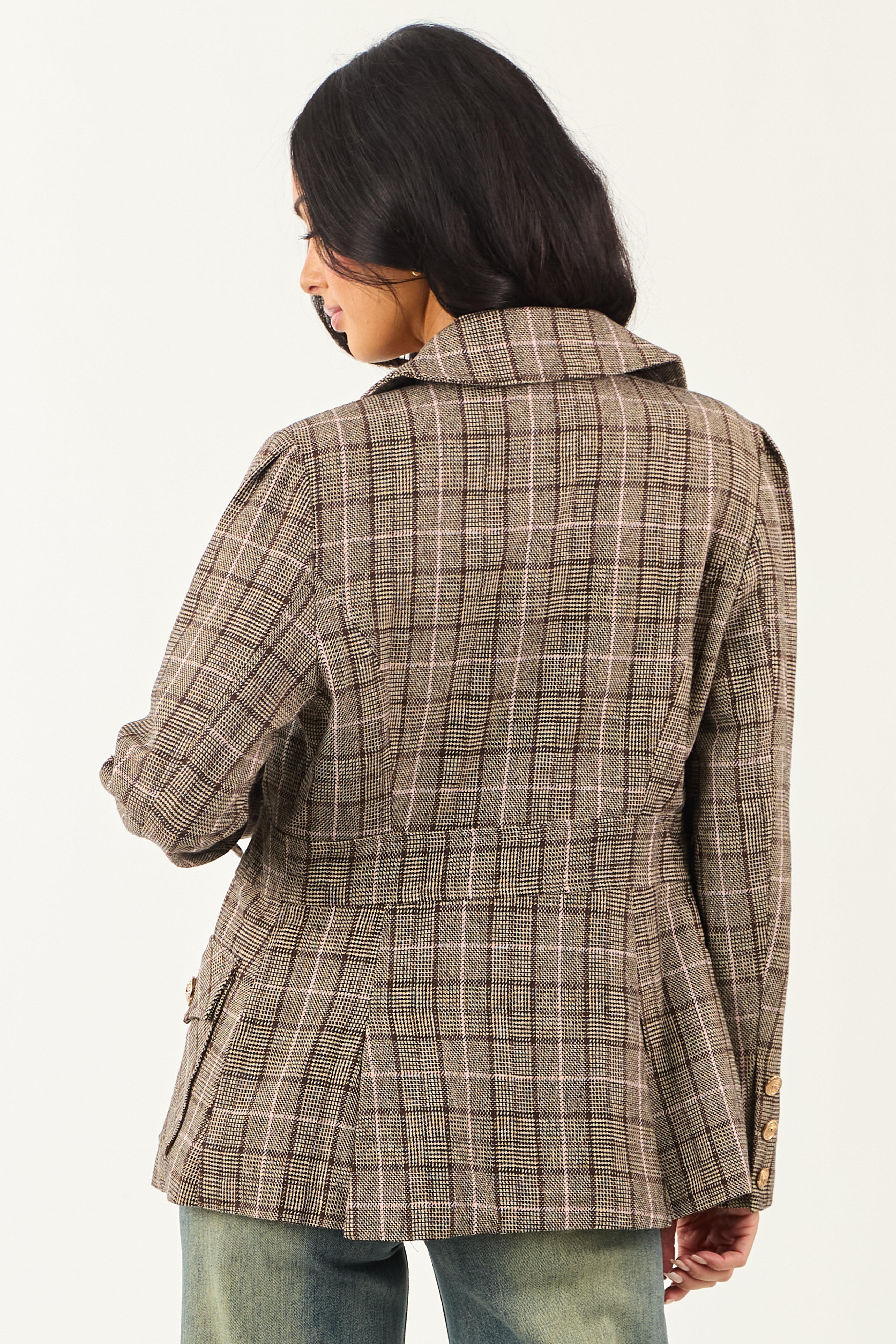 Camel Plaid Button Down Lapel Collar Blazer