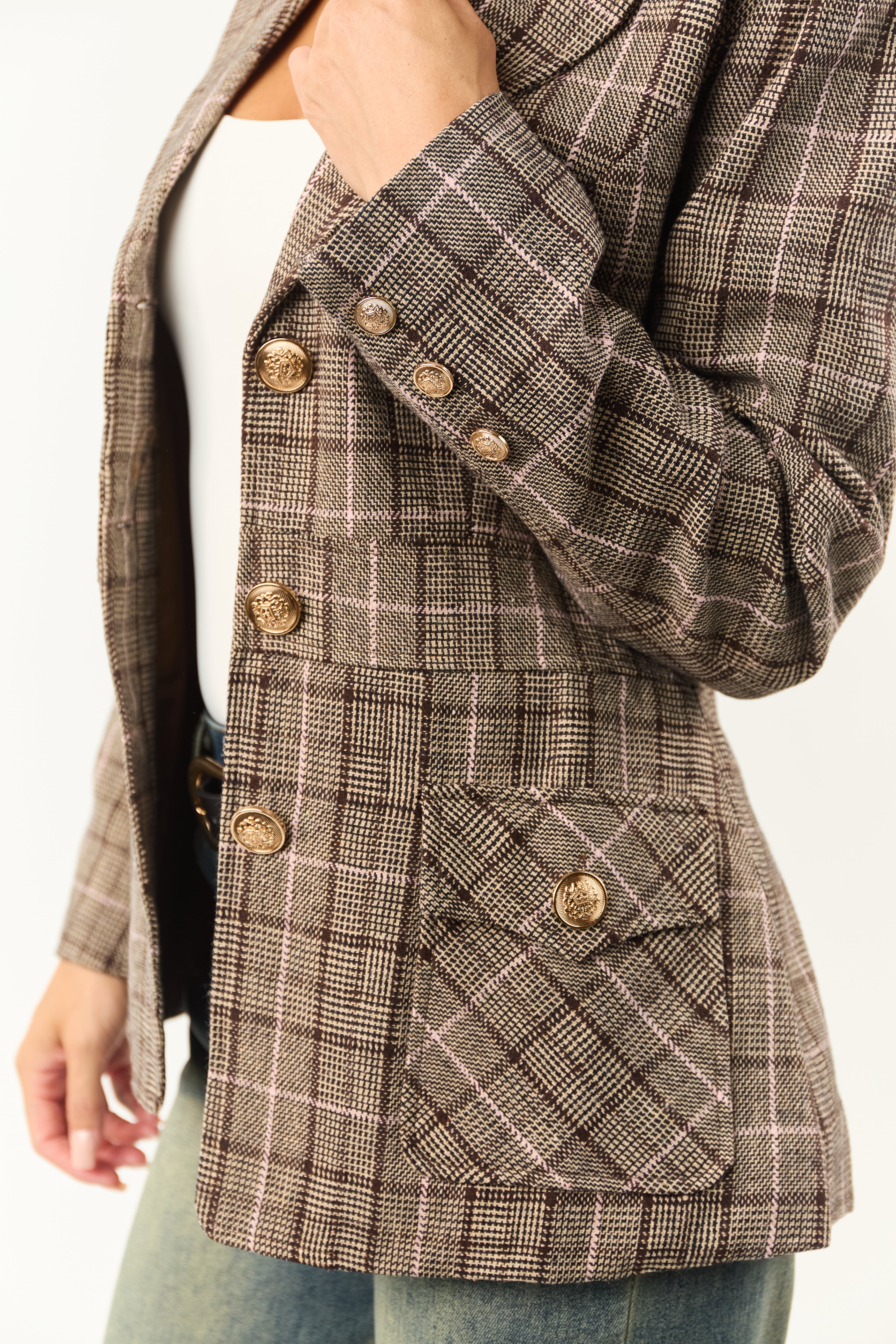 Camel Plaid Button Down Lapel Collar Blazer