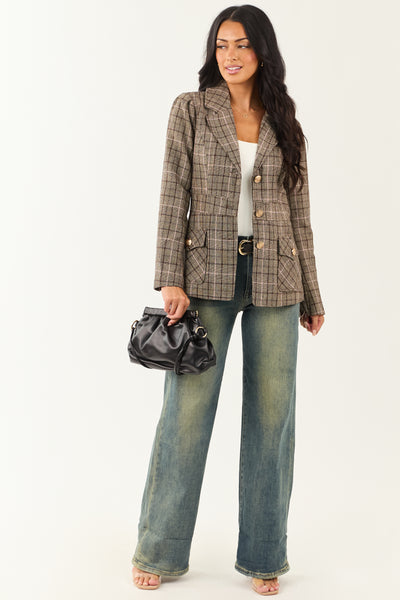 Camel Plaid Button Down Lapel Collar Blazer