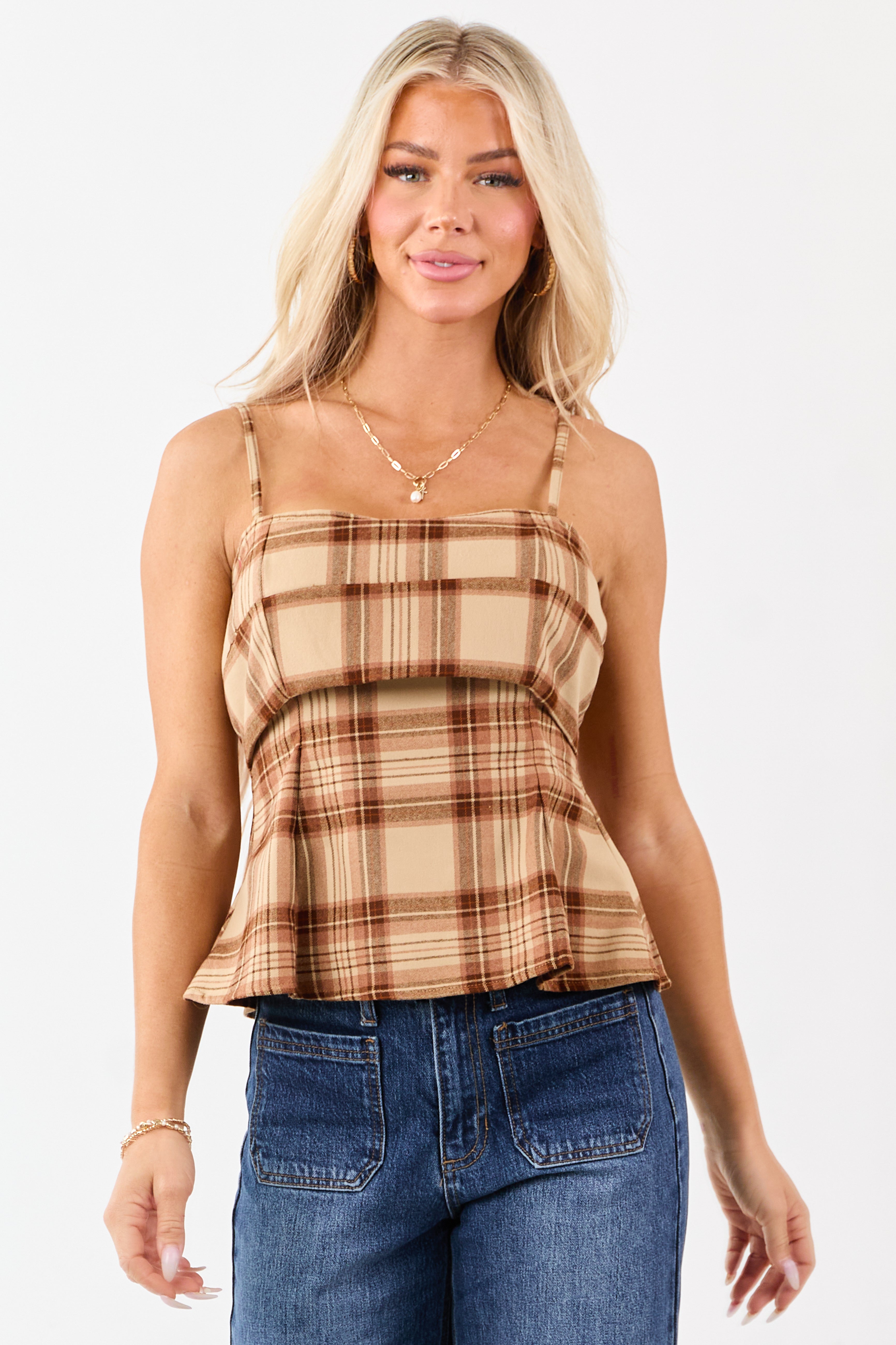 Camel Plaid Flair Waist Bust Overlay Tank Top | Lime Lush Boutique