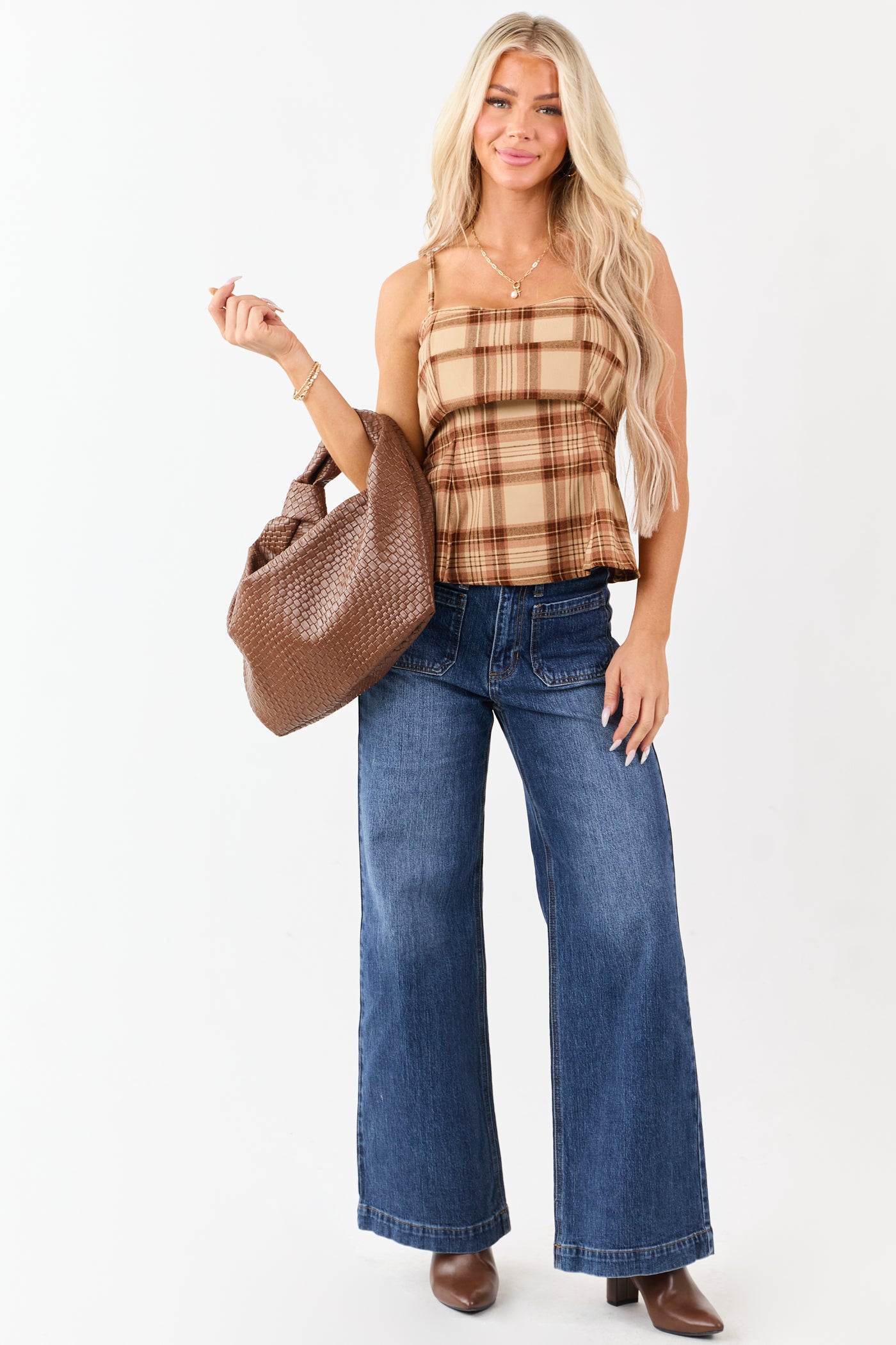 Camel Plaid Flair Waist Bust Overlay Tank Top